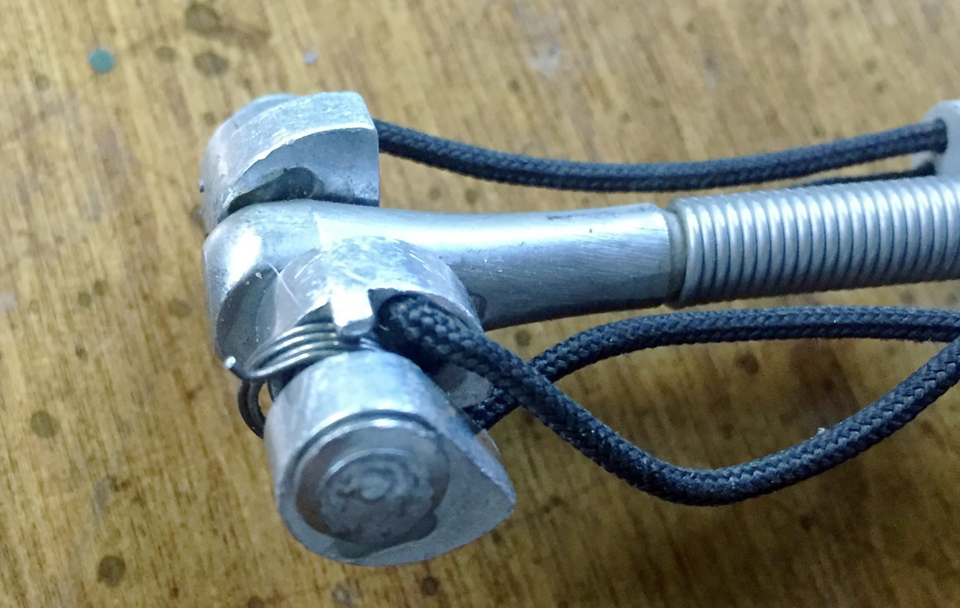 The broken cam spring on the 00 Ultralight Master Cam. This piece will be sent back to Metolius for repair.  [Photo] Chris Van Leuven