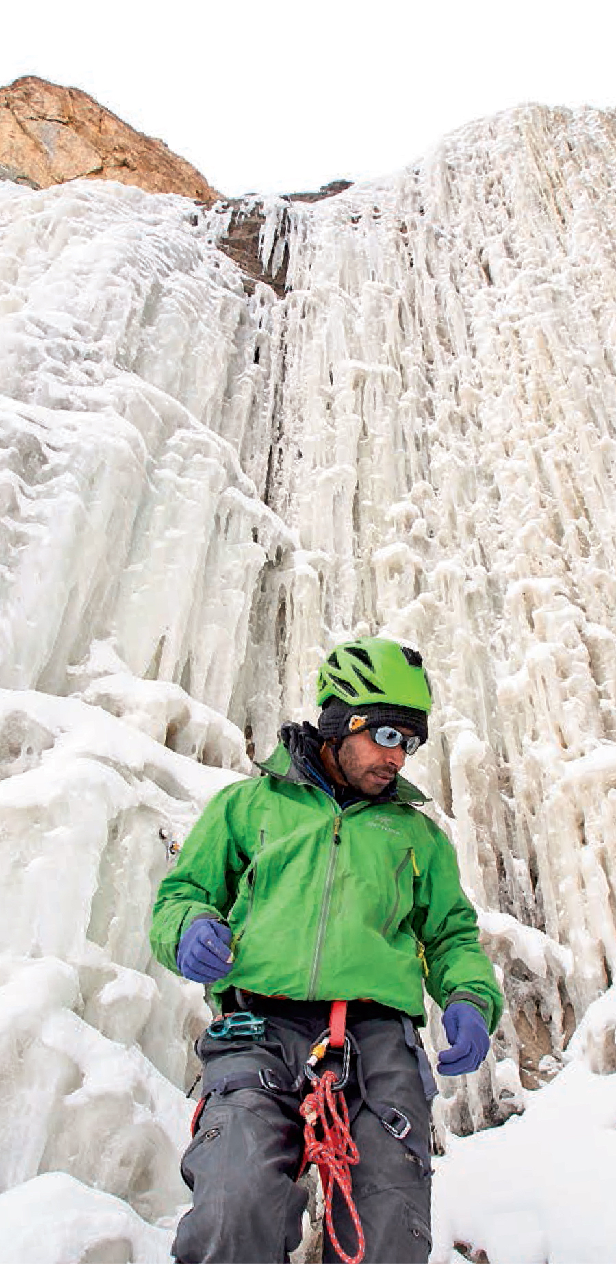 Bharat Bhushan below A Feast for Vultures (HWI5, Bhushan-Kowshik, 2017). In addition to two ice climbs put up by Bhushan and Kowshik, Pranav Rawat and Abhijeet Singh have established Shela Nala (WI5) and Lingti Nala (WI4). Singh says another waterfall, approximately 900 feet tall, exists near Losar village. No one has yet reported climbing this route, which Singh declares the king of waterfalls in the entire valley. In Spiti, Harish Kapadia notes that the region was highly restricted from 1962 to 1993. No foreigners, or even photographs, were allowed. On treks to the region, Kapadia recalls some people hiding cameras from check-point officers in biscuit tins. [Photo] Nishit Shah