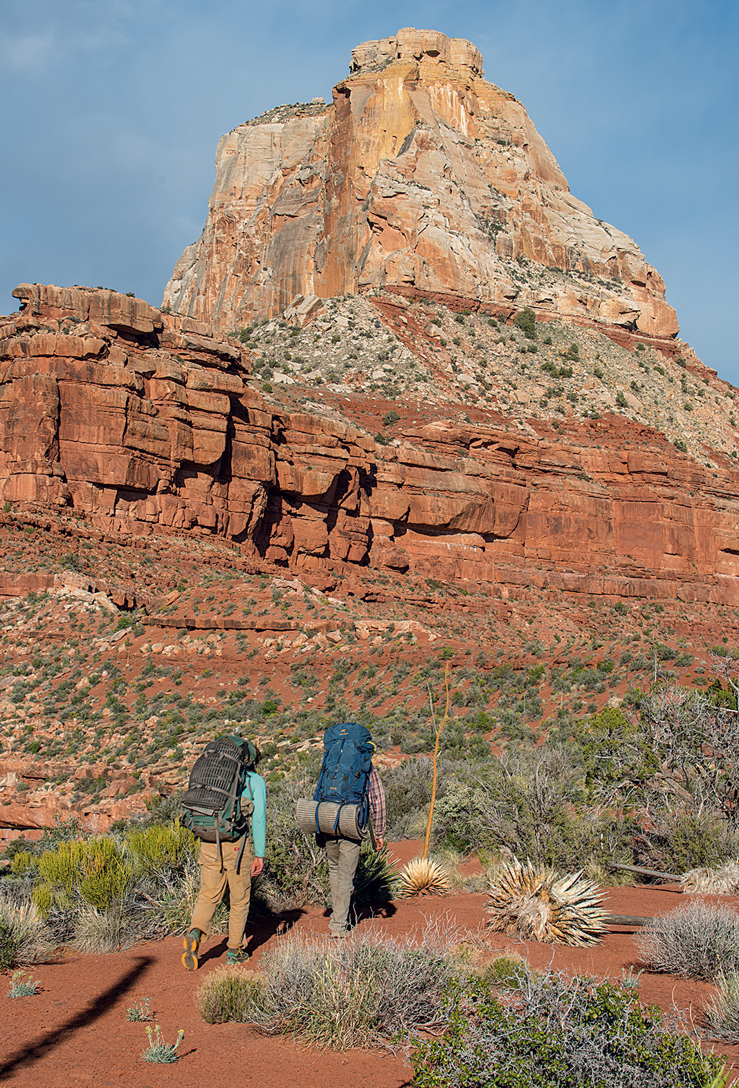 Snyder and Harrison on the approach to Zoroaster. Navigating to the base of route without running out of water was the main challenge for several parties that attempted to climb the tower in the 1950s. As Dave Ganci noted in a 1959 Summit article, a previous party went through twenty gallons of water during their attempt to navigate to the base of Zoroaster. Water is the key to success in the canyon, and when you leave Phantom Ranch you must either carry it or catch it, he explained. [Photo] Blake McCord