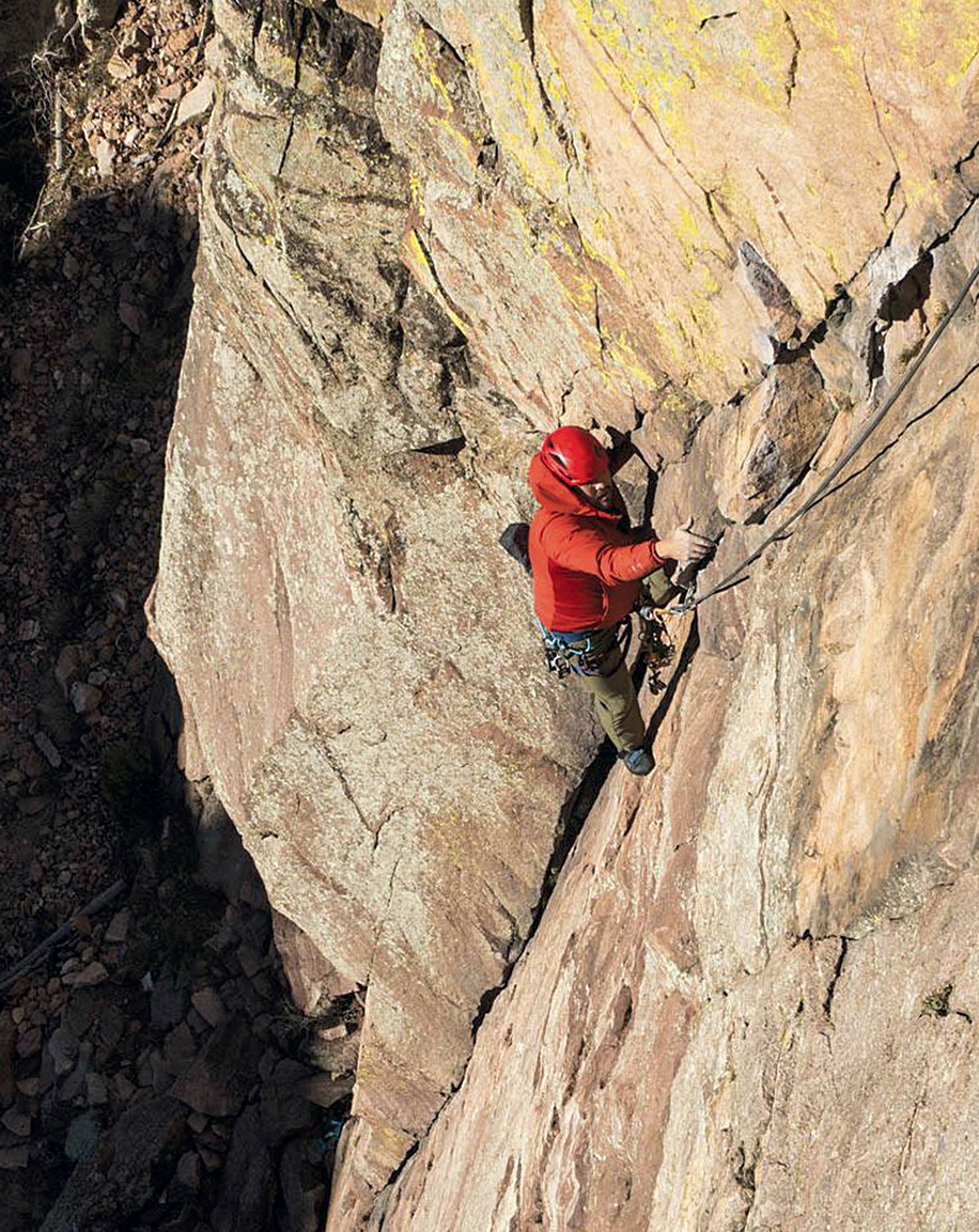 Necefer on Calypso Direct (5.8), Eldorado Canyon, Colorado. [Photo] Steve Crusher Bartlett