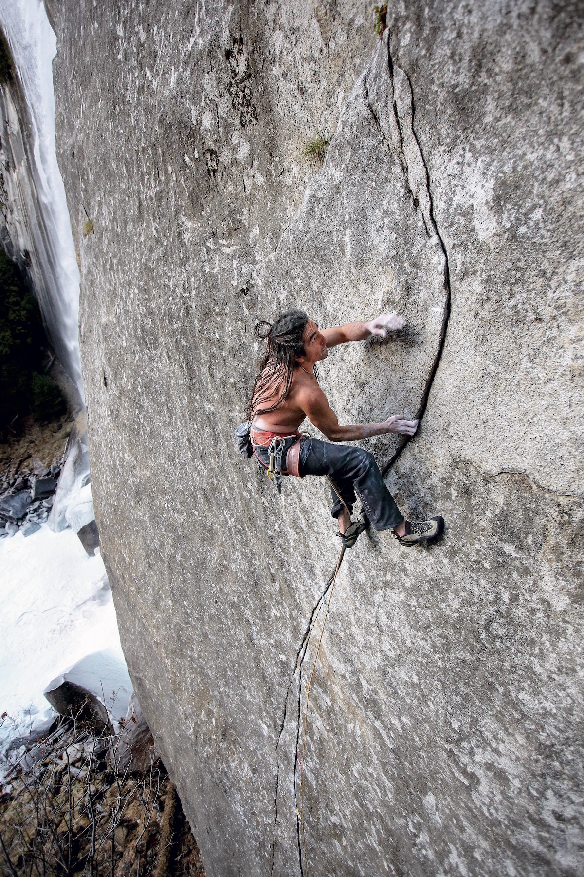Lonnie Kauk climbs Magic Line (5.14c). [Photo] Jim Thornburg
