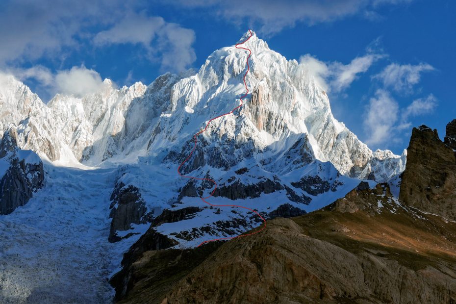A view of the Southeast Face of Link Sar from base camp with the line of the first ascent. [Photo] Mark Richey