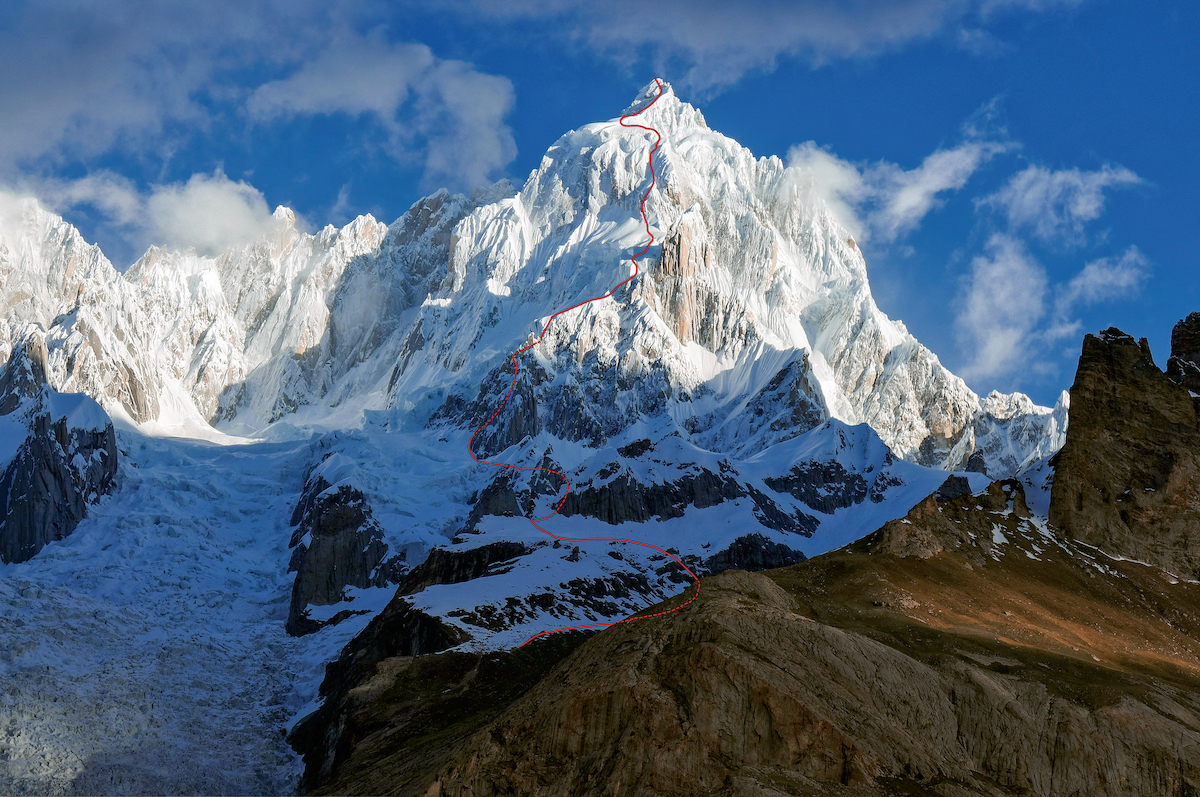 A view of the Southeast Face of Link Sar from base camp with the line of the first ascent. [Photo] Mark Richey