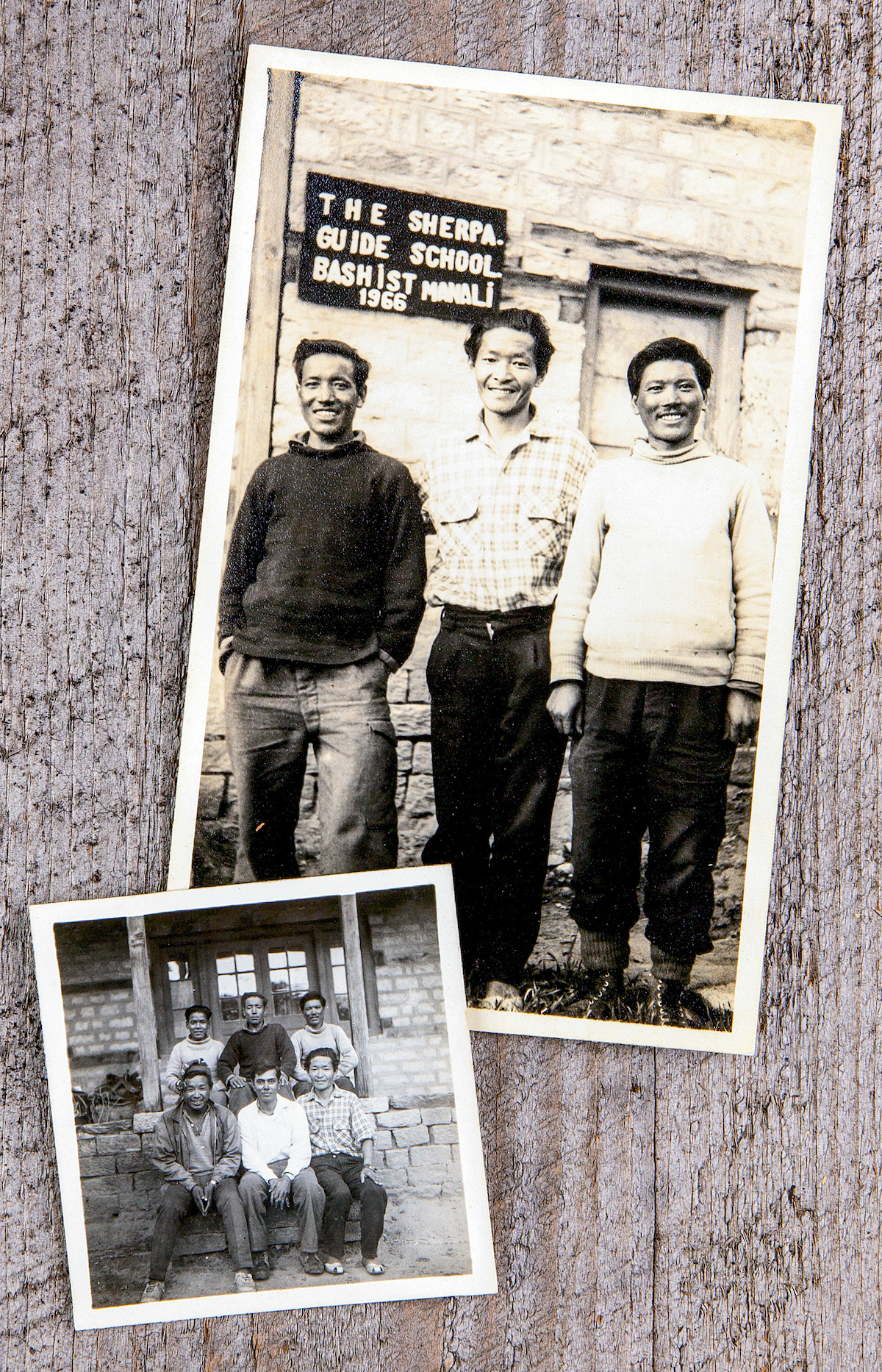 Khamsang Wangdi Sherpa pictured (center of top photo) with two Ladakhi Instructors. [Bottom] Front row, left to right: Pasang Temba, Srikar Amladi, Khamsang Wangdi Sherpa. Back row: unknown. [Photo] Srikar Amladi collection; courtesy The Sherpa Project (both)