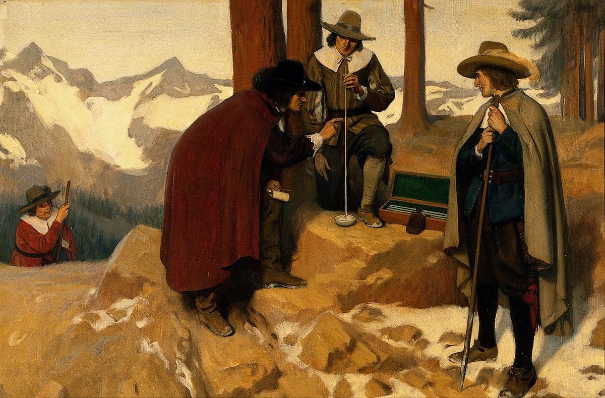 Evangelista Torricelli experimenting in the Alps with a barometer, 1643. [Illustration] Ernest Board, Wikimedia