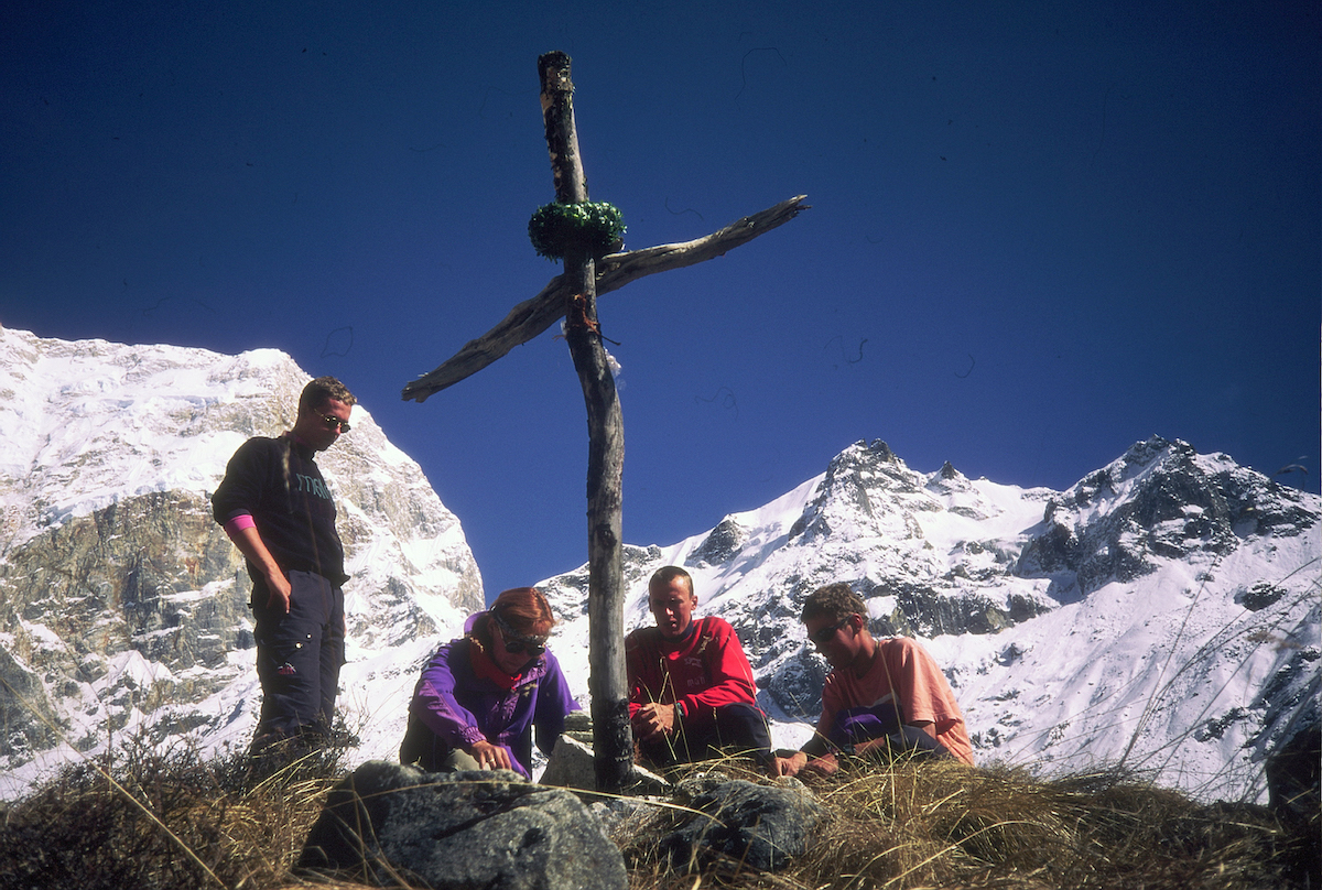 In 1996, Viki Groselj returned to the base of Manaslu with the Zaplotnik family to visit Nejc's final resting place. From left to right: Nejc (Jr.), Mojca, Luka and Jaka. [Photo] Viki Groselj