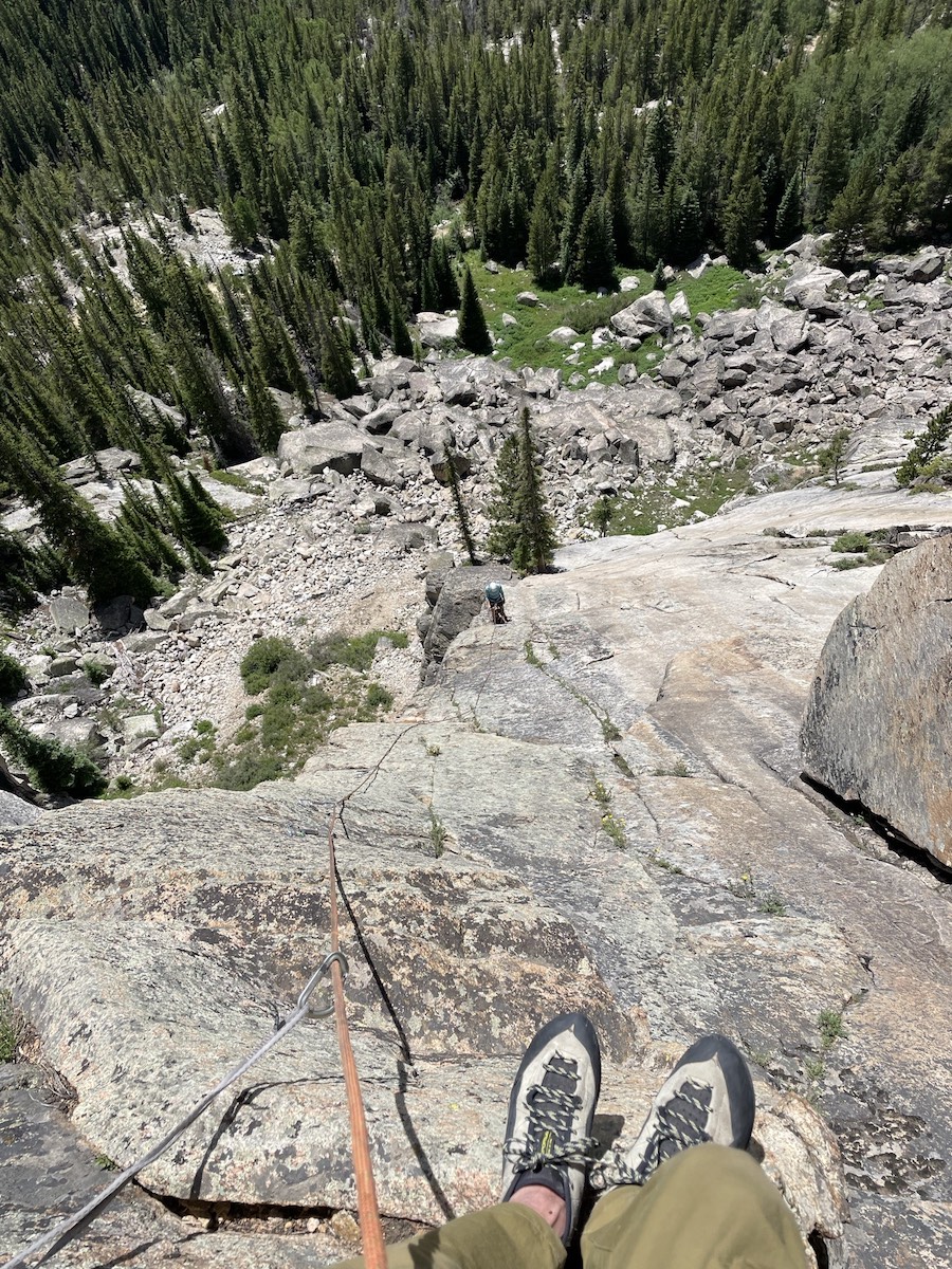 Looking down at Mandi Franz at the belay. [Photo] Derek Franz