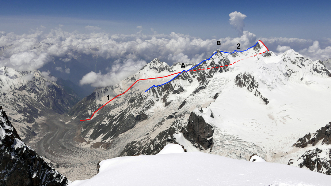 Peak 6038 from the summit of Arjuna. (1) The 2017 Slovenian route, which climbs behind the summit on a plateau before finishing up the north ridge. (2) Presumed line of the 1979 Polish first ascent along the southeast ridge, passing over (A) Peak 5450 and (B) Peak 5800. [Photo] Marko Prezelj