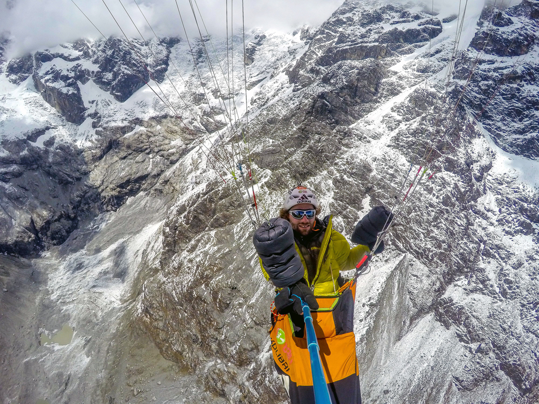 Above the Lirung Glacier. Behind is the lower right side of the east face of Langtang Lirung. Dusserre and Girard hoped to land above the icefall visible in the center. [Photo] Dusserre/Girard Collection