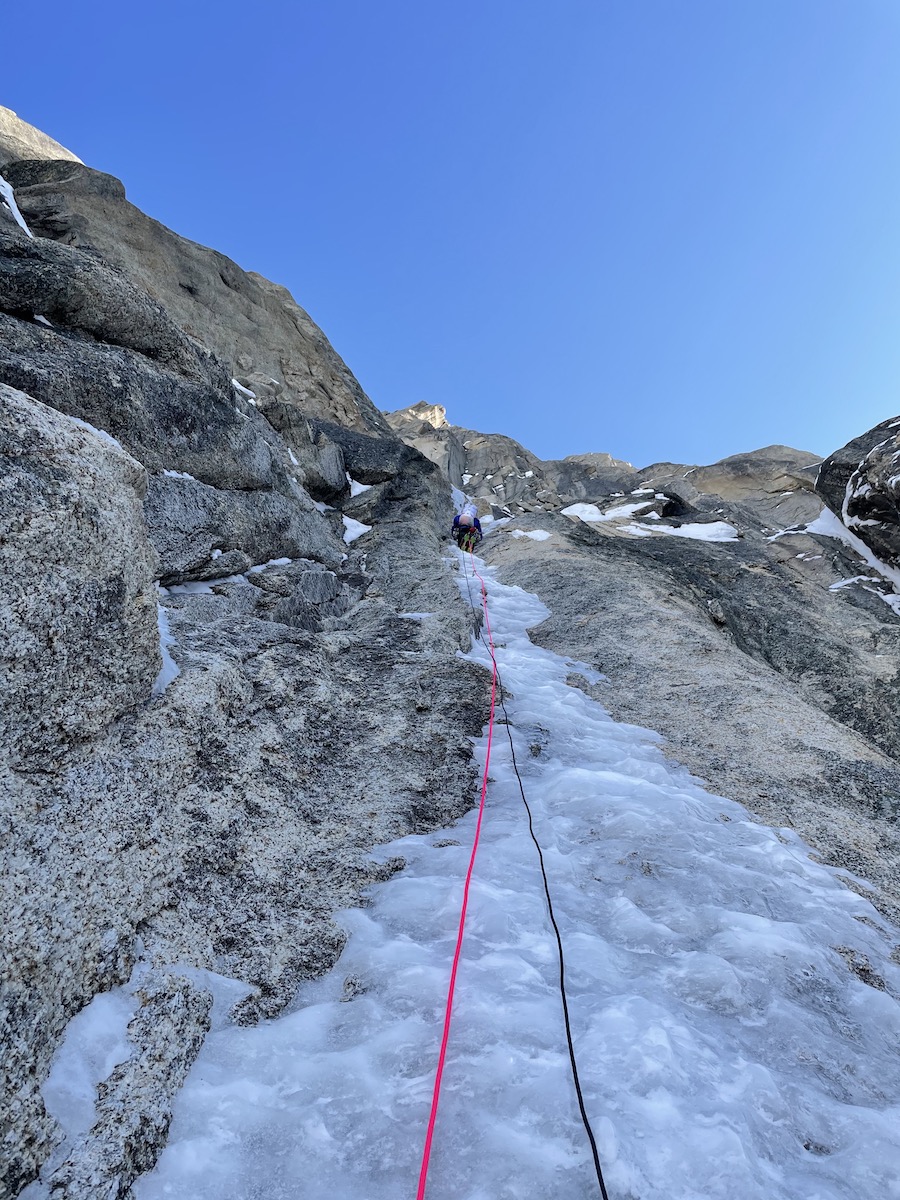 Marvell leading one of the ice pitches on Techno Terror that had disappeared by the time the climbers descended. [Photo] Matt Cornell, The North Face