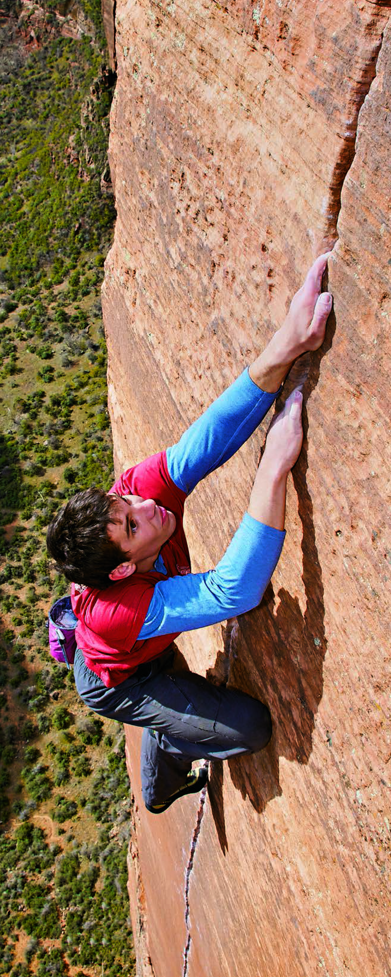 Alex Honnold reenacts his Moonlight Buttress (5.12+, 1,200') free solo in Zion. [Photo] Celin Serbo