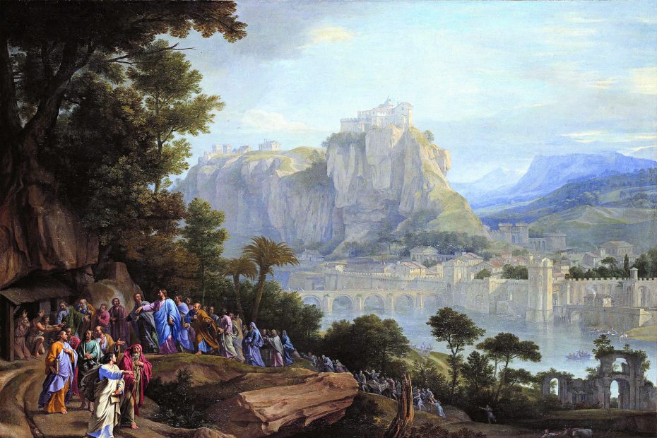 Christ Healing the Blind, painted ca. 1657. Dawn L. Hollis observes: The image depicts the healing of two blind men recounted in Matthew 20:29-34. Their first sight will be of the mountainous vista that dominates the canvas. [Image] Philippe de Champaigne