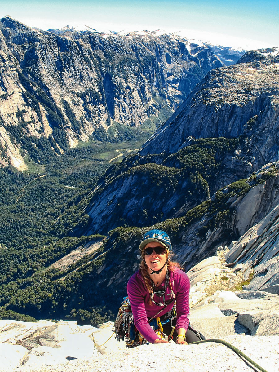 Rogers climbs the last technical terrain on the prow of El Hermano. In December 2008, she broke mulitple ribs when her tent was blown off a ledge during an attempted solo linkup of three peaks in Torres del Paine. [Photo] Libby Sauter