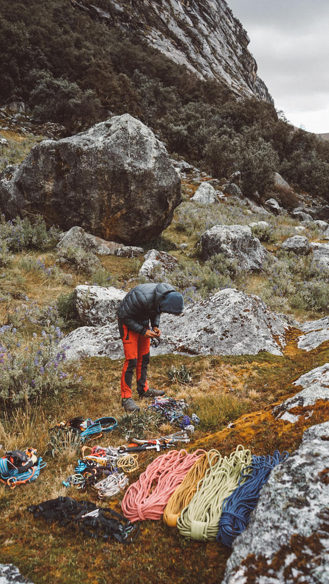Jaume Peiro in base camp in the Rurec Valley preparing the gear for his and Alex Gonzalez' climb of Big Fighter on Chaupi Huanca, Peru. [Photo] Alex Gonzalez