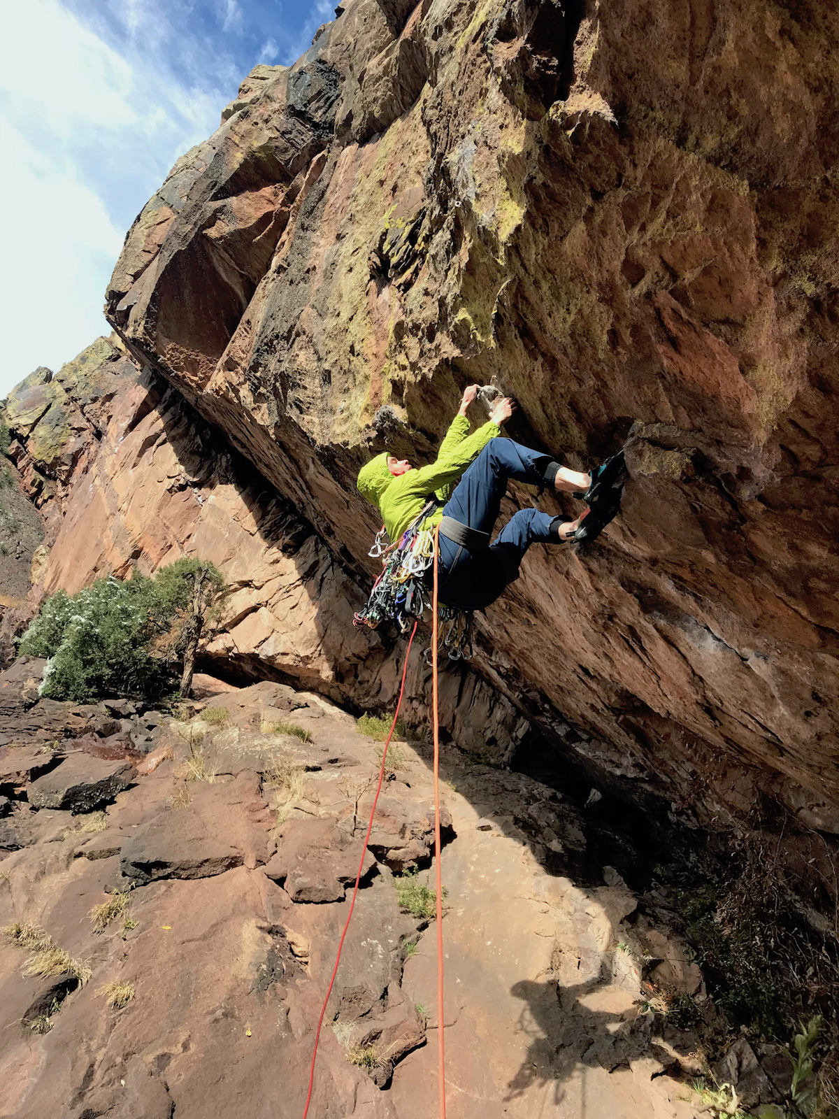 Josh Wharton starts up T2 to Jules Verne to the Connection pitch to a new route in Eldorado Canyon. [Photo] Chris Van Leuven