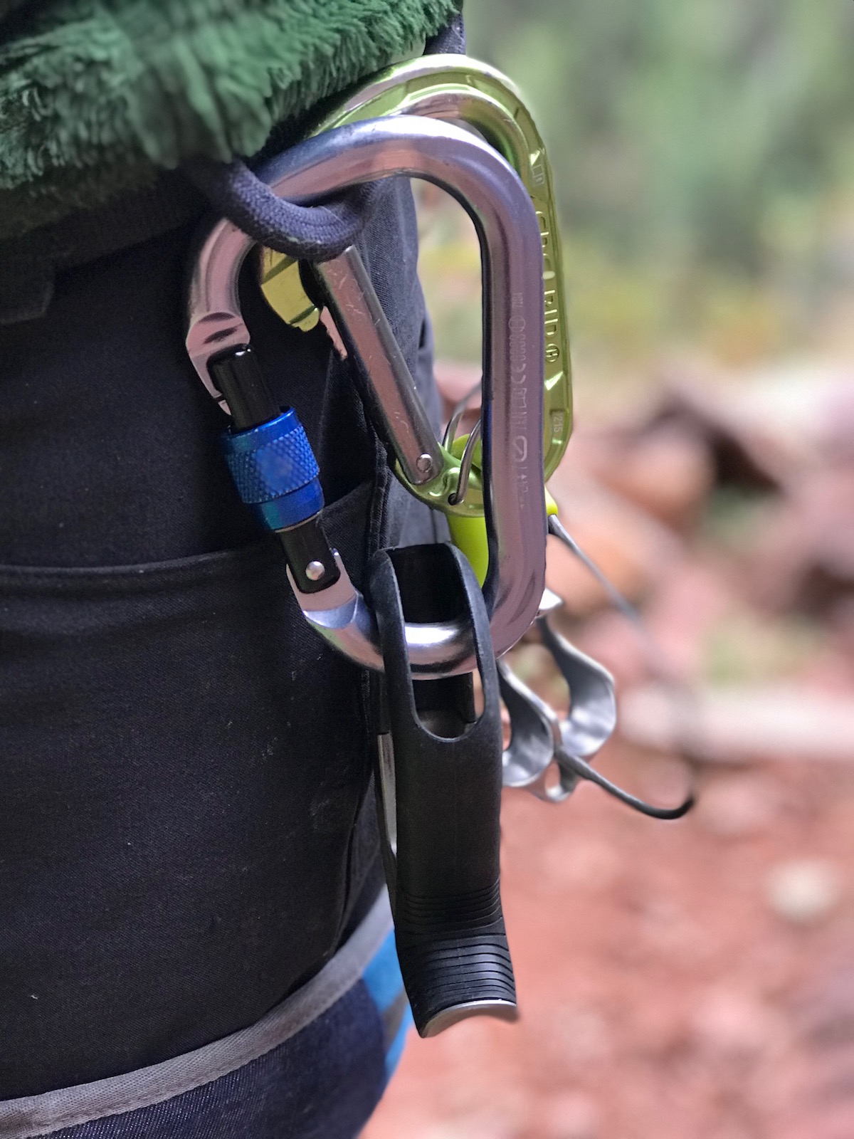 The Black Diamond ATC Pilot (foreground) racked on a harness with the Edelrid Mega Jul. [Photo] Chris Van Leuven