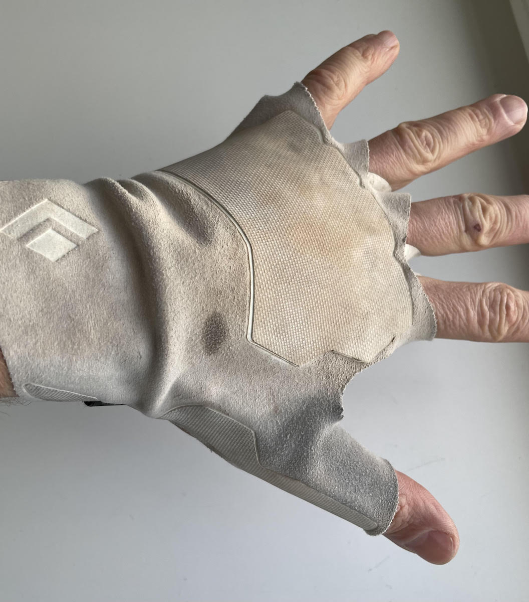 An overview of the author's glove shows how the thin synthetic suede has stretched out and become stained with blood, dirt and aluminum after lots of use--but it's still performing well overall! [Photo] Derek Franz