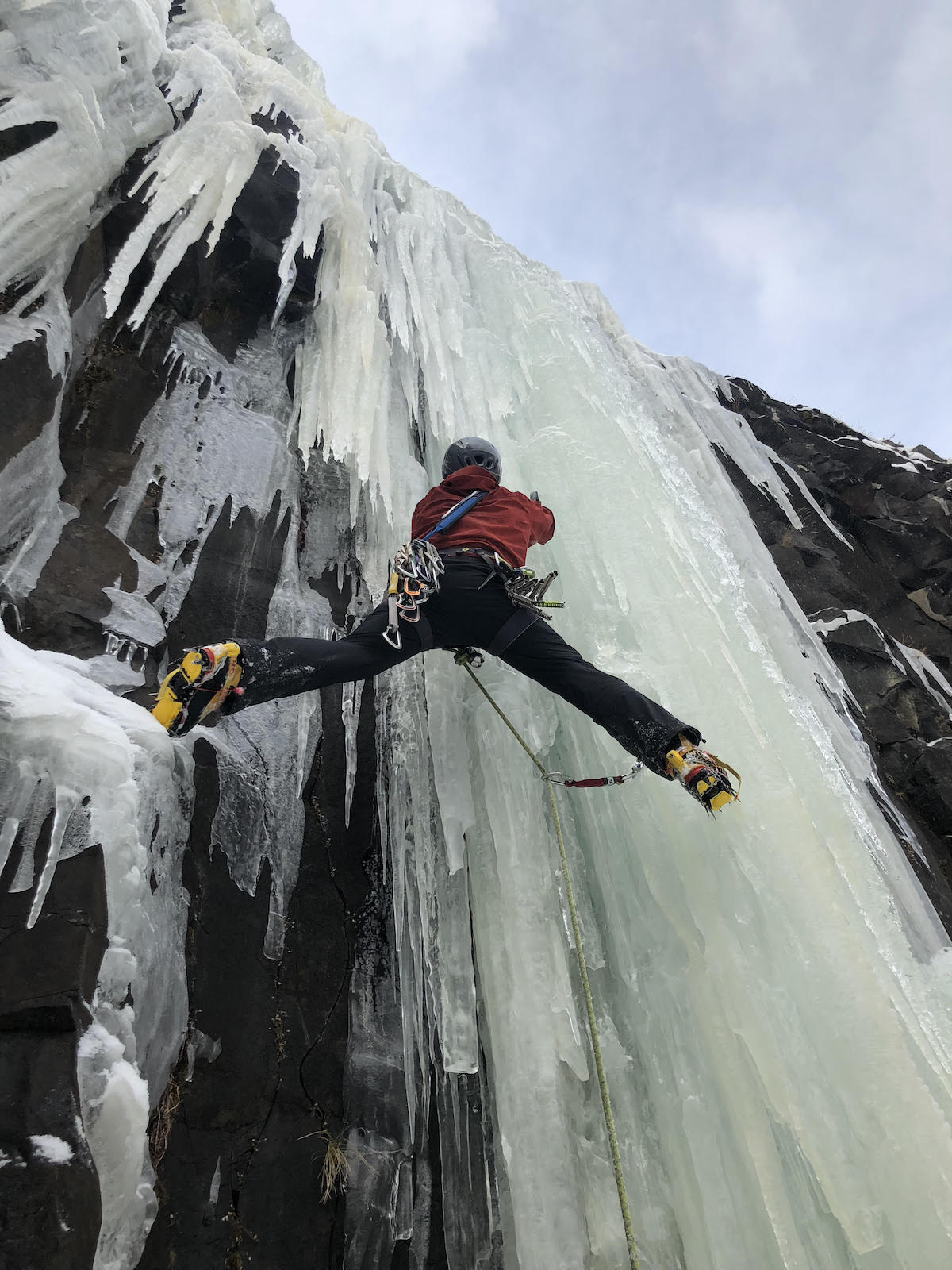Preston leading The Good Looking One (WI5) in Hyalite Canyon with the Black Diamond Reactor tools. [Photo] Matt Angelo
