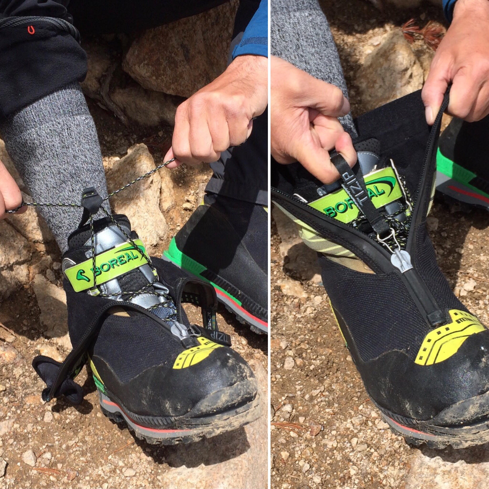 The Boreal Stetind has a simplified lacing system that is easy to use with gloves in cold conditions (left). The integrated gaiter closes with the TIZIP zipper (right). [Photos] Nick Direen