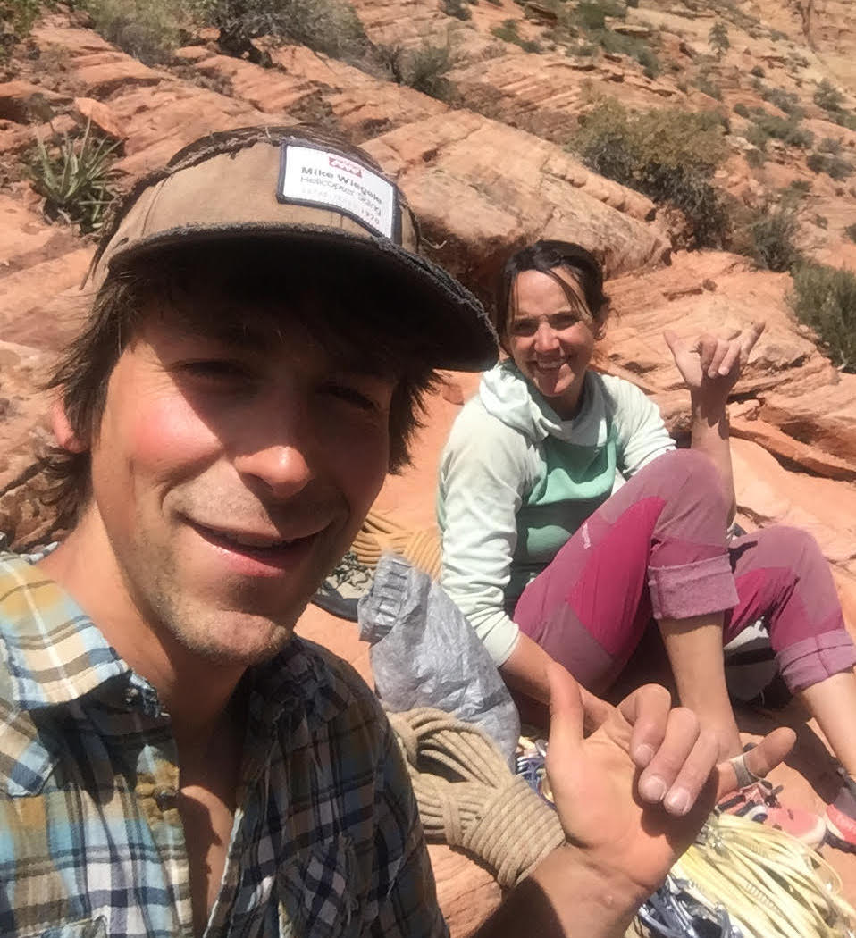 Max Barlerin and Quinn Brett celebrate on top of the Leaning Wall in Zion after Brett's free ascent of Spaceshot (IV 5.13a) on May 2. [Photo] Max Barlerin