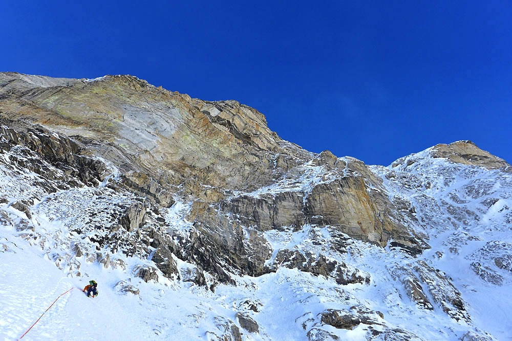 Bullock leading on day two, in which the climbers encountered the hardest pitches of the route. [Photo] Paul Ramsden