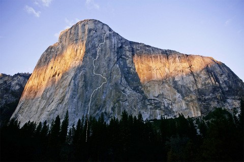 The free-climbing route of the Dawn Wall on El Capitan, which Caldwell and Kevin Jorgeson sent over a 19-day push from the ground in 2015. [Photo] Nate Ptacek