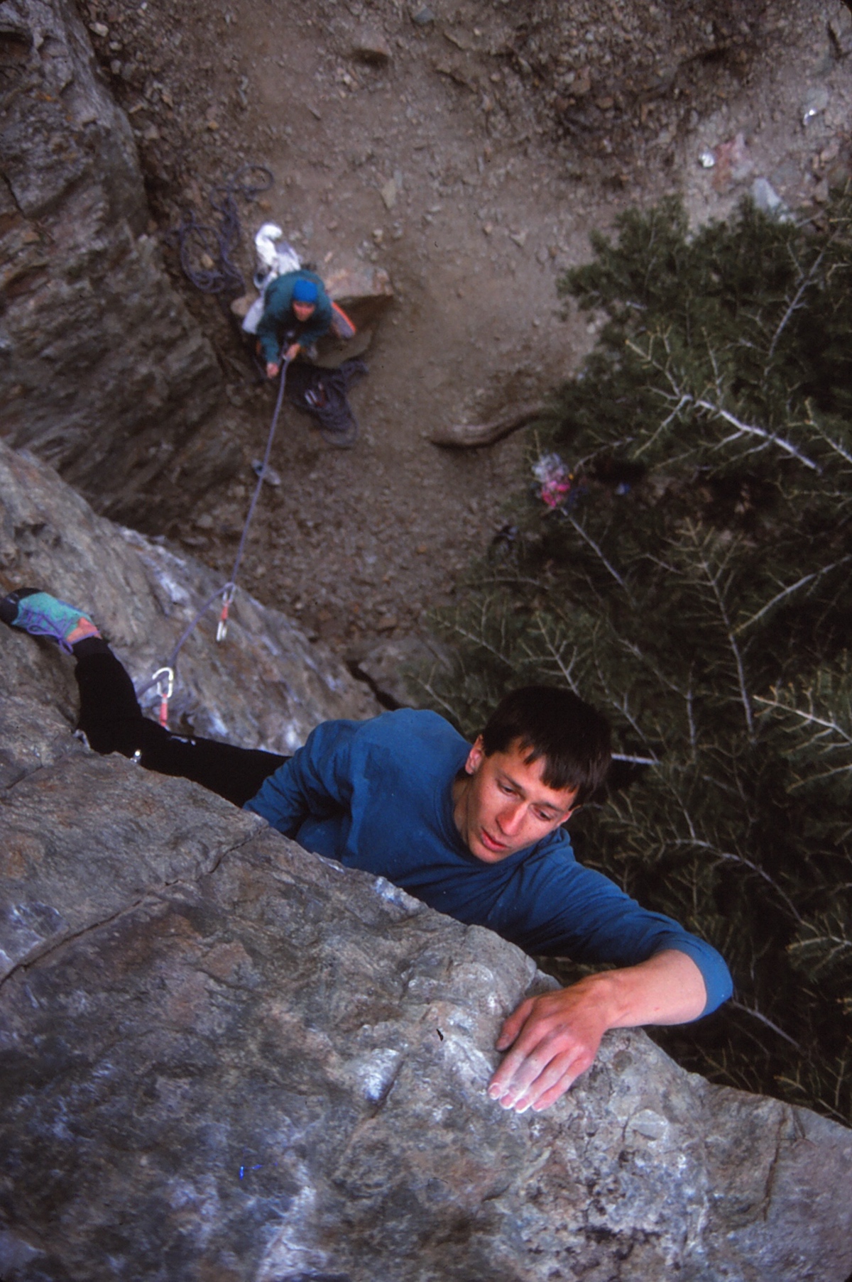 Dave Hayes on Big in Japan (5.12a) in Big Cottonwood Canyon, Utah, ca. late 1980s-early '90s. [Photo] Cameron M. Burns