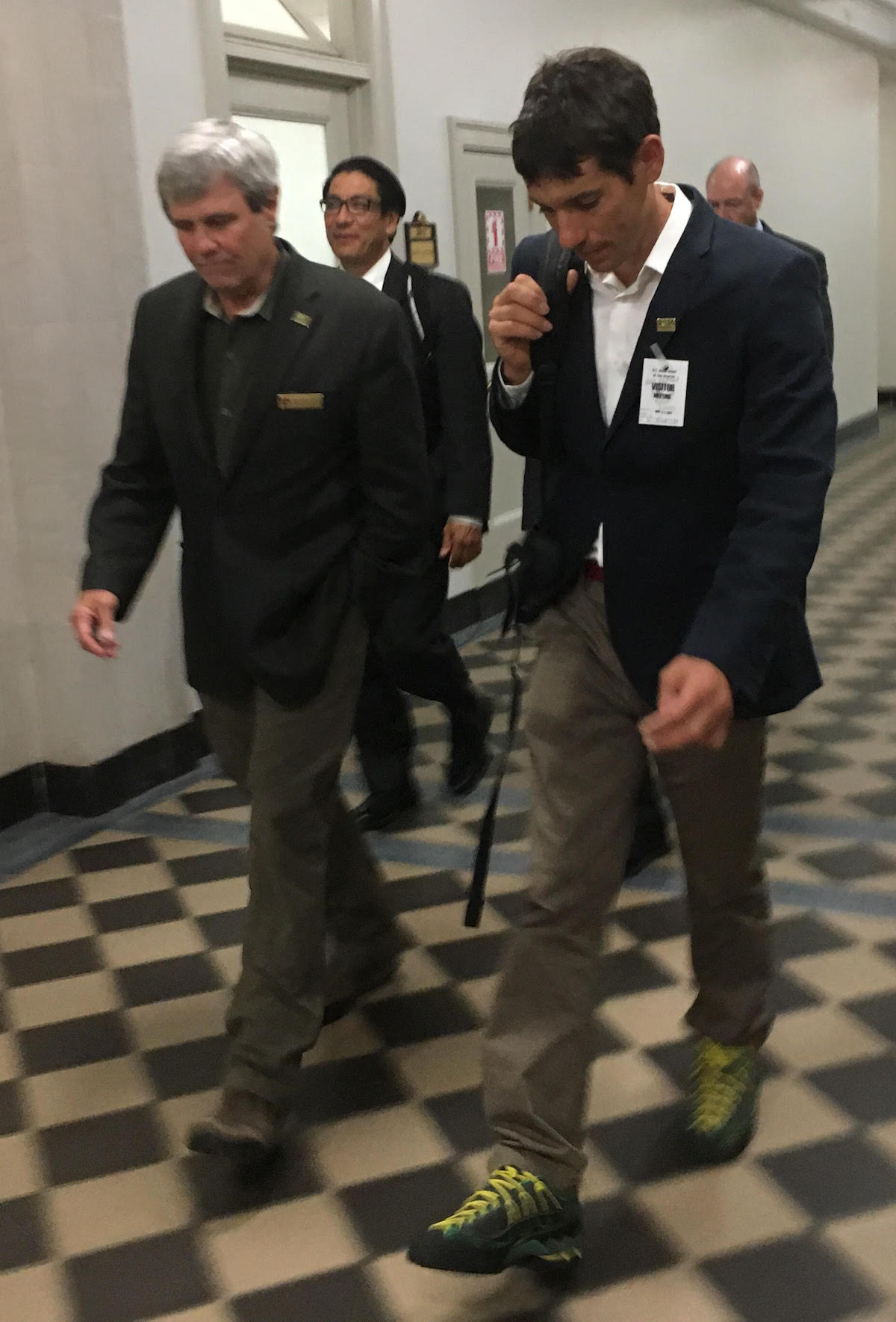 Alex Honnold, right, walks with Bob Ratcliffe, the National Park Service chief of conservation and outdoor recreation. [Photo] Derek Franz