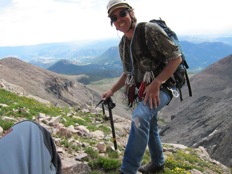 Jim Detterline in his element on the upper section of Kiener's Route on the East Face of Longs Peak (14,259'), July 2010. [Photo] Lisa Foster