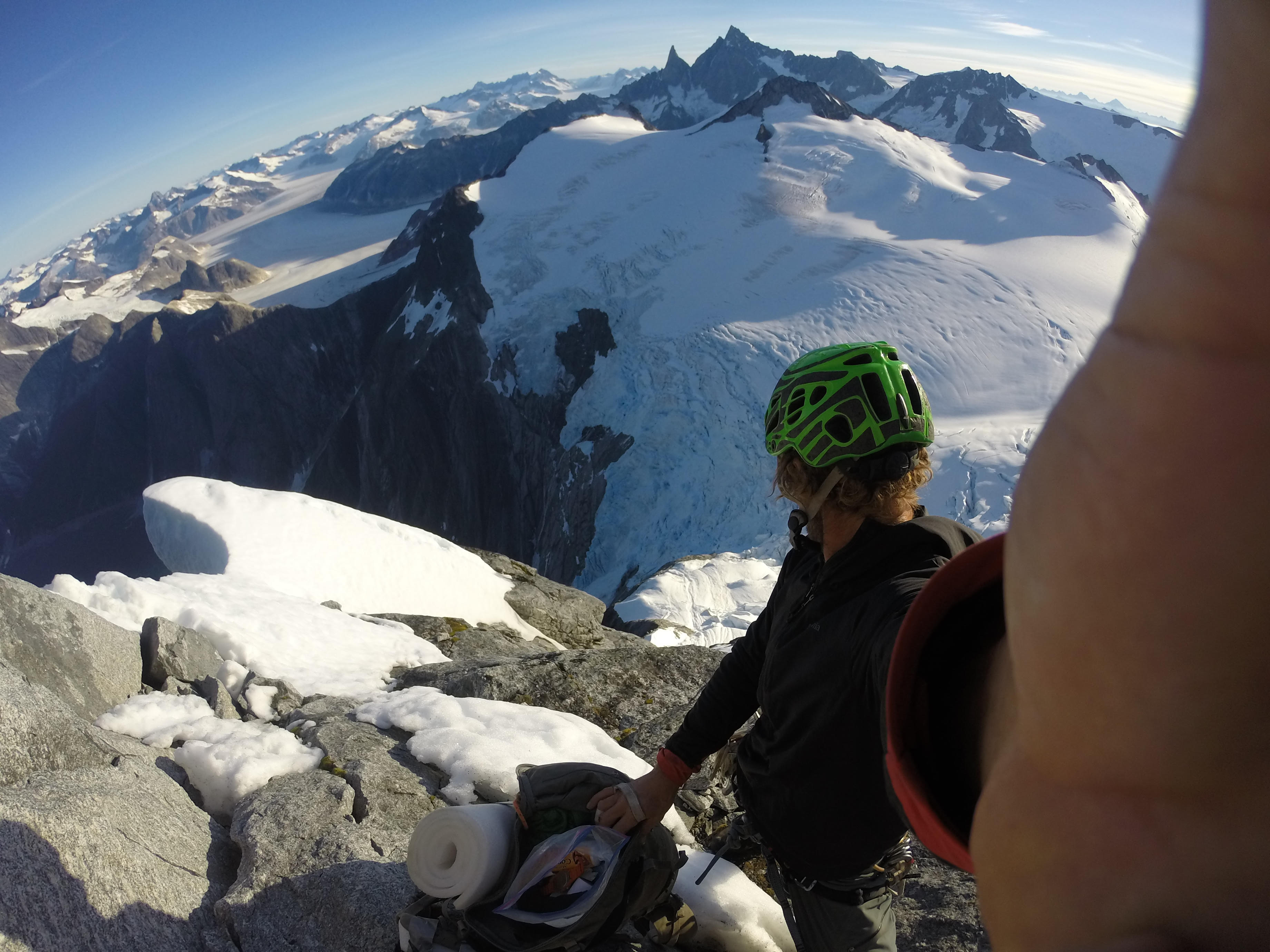 On the North Pillar of Devils Thumb (Taalkhunaxhkʼu Shaa). [Photo] Cole Taylor