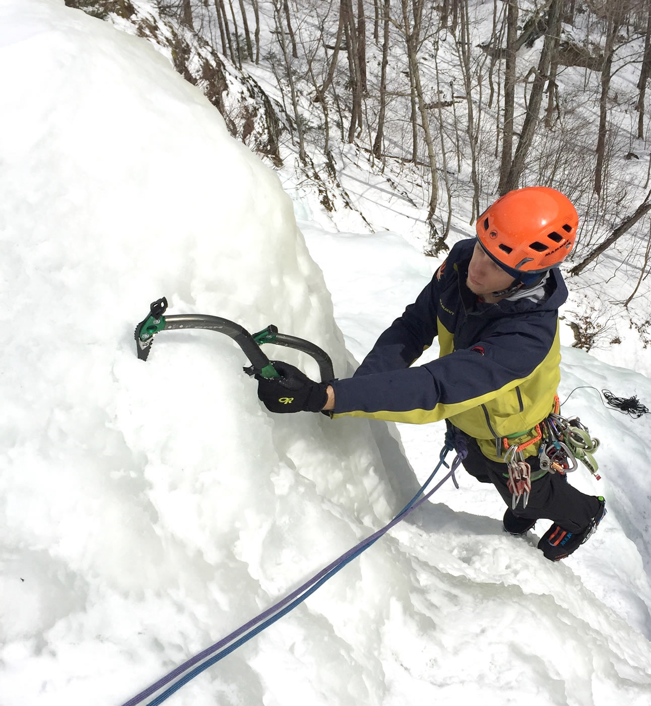 Tim Farr following on the Vermont classic Jeff's Slide (WI3-) with the DMM Apex tools at Smuggler's Notch, Vermont. [Photo] Andrea Charest