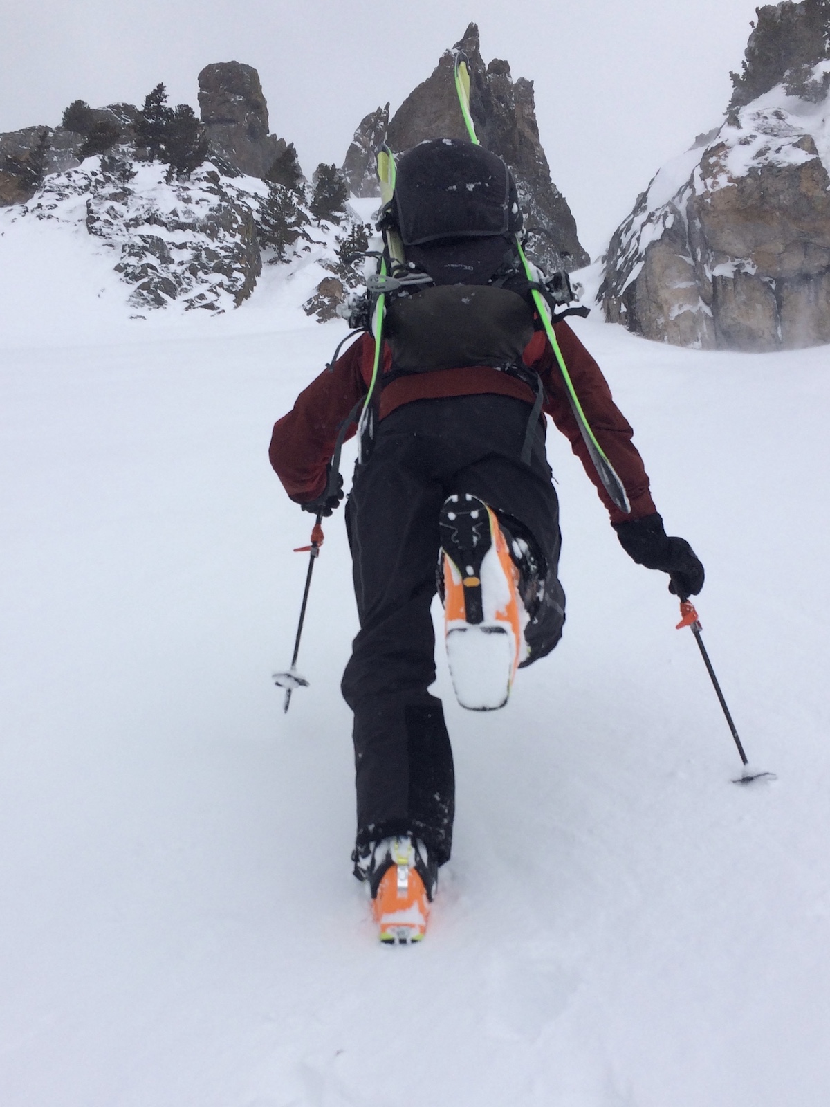 The author bootpacks up the Dead Elk Couloir in Rocky Mountain National Park wearing the Yotei Pants. [Photo] Nick D'Hulster