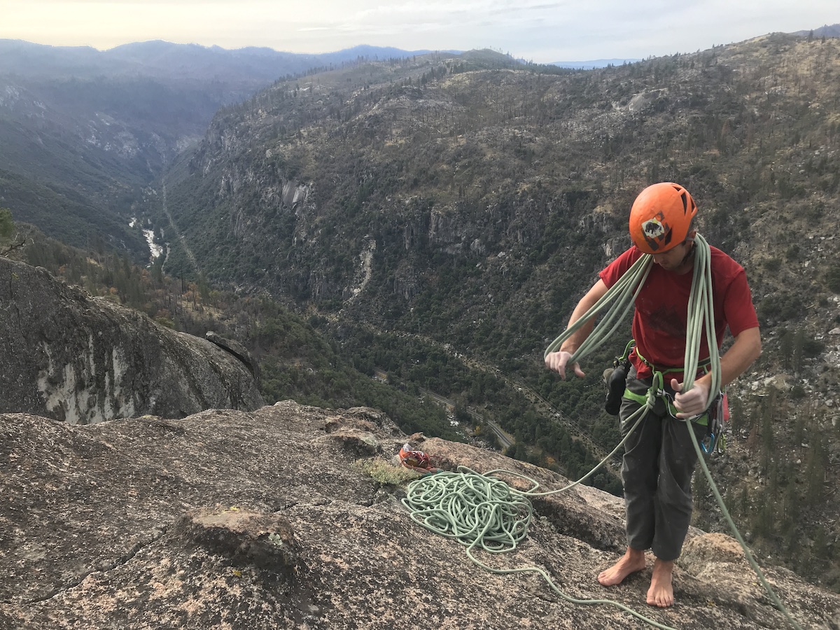 Colley coils the Edelrid Neo 3R rope on top of the Killer Pillar. [Photo] Lance Colley collection