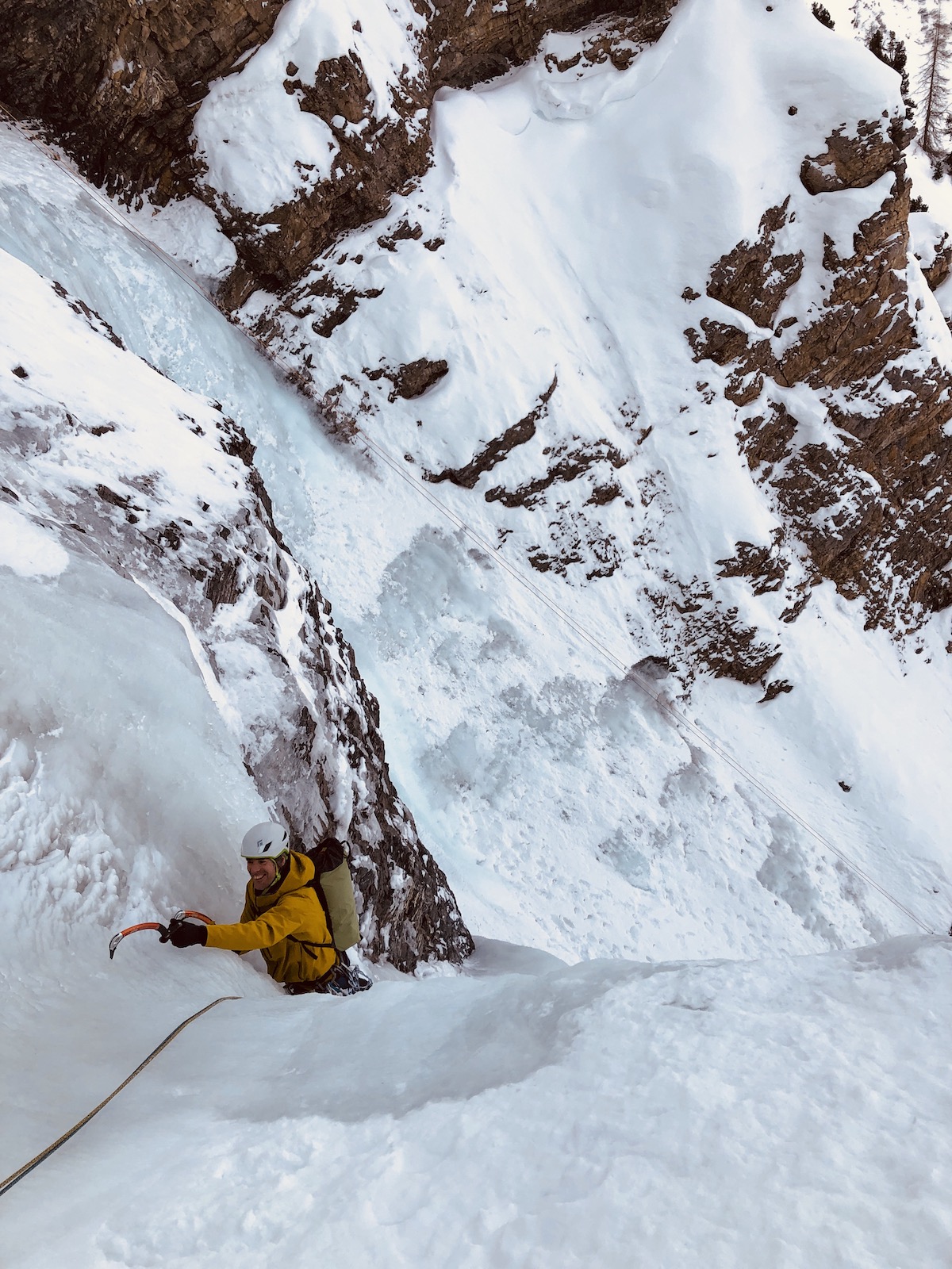 After a clear night and an early start, super-cold ice, flowing water, and leftover snow from a prior storm made this a challenging day in terms of rope management and belaying. The Starlings did just fine and shed any snow they picked up during our climbing. [Photo] Rob Coppolillo