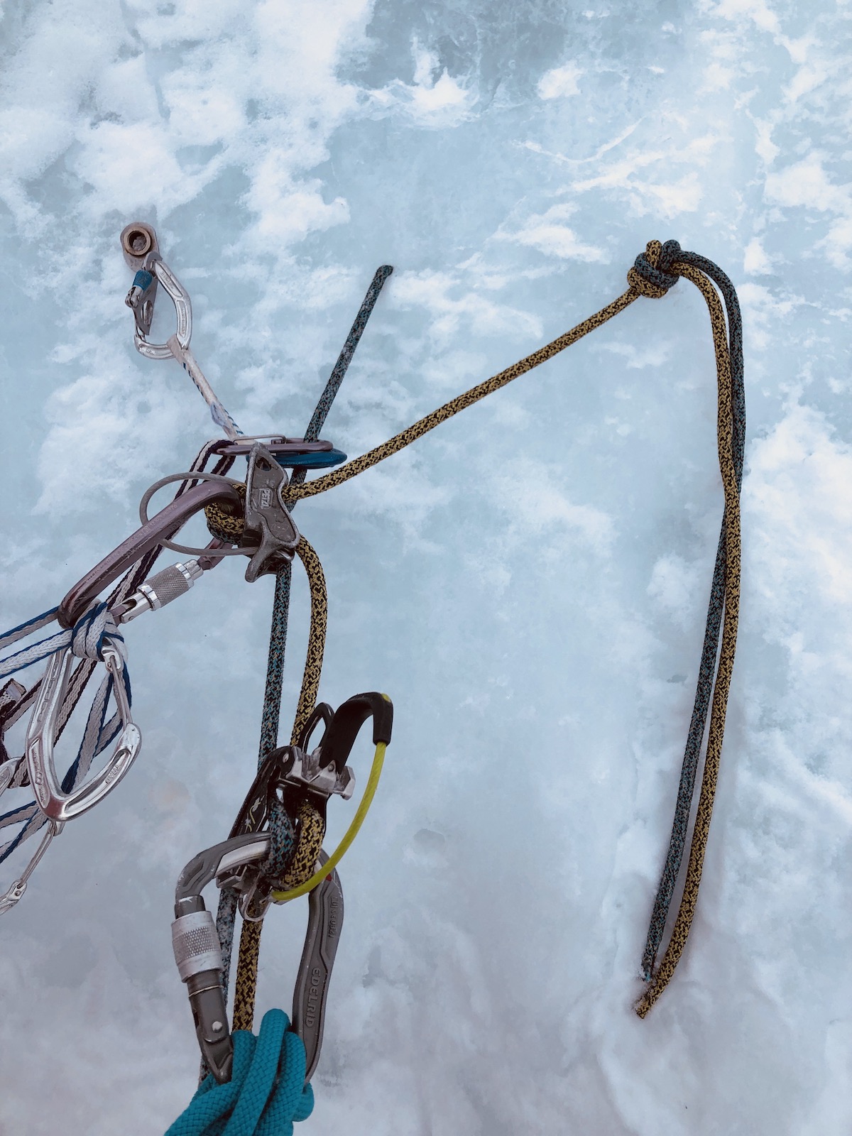 A naked V-thread with pre-rigged rappellers using the Starling Protect ropes. [Photo] Rob Coppolillo
