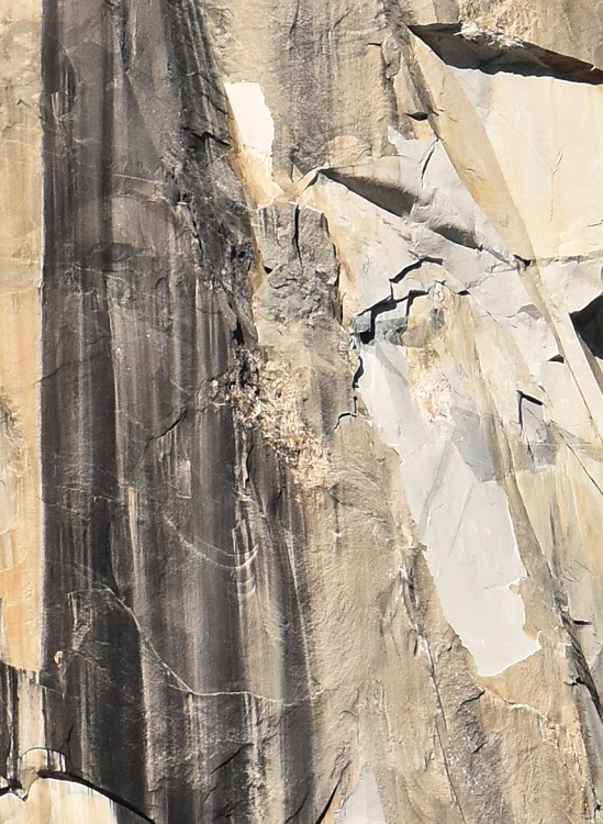 This close-up shows the rock scar where a series of seven rockfalls originated on El Capitan's Waterfall Route. Three climbers were on the route at the time, and were a few hundred feet above the fall zone when it happened. [Photo] Tom Evans