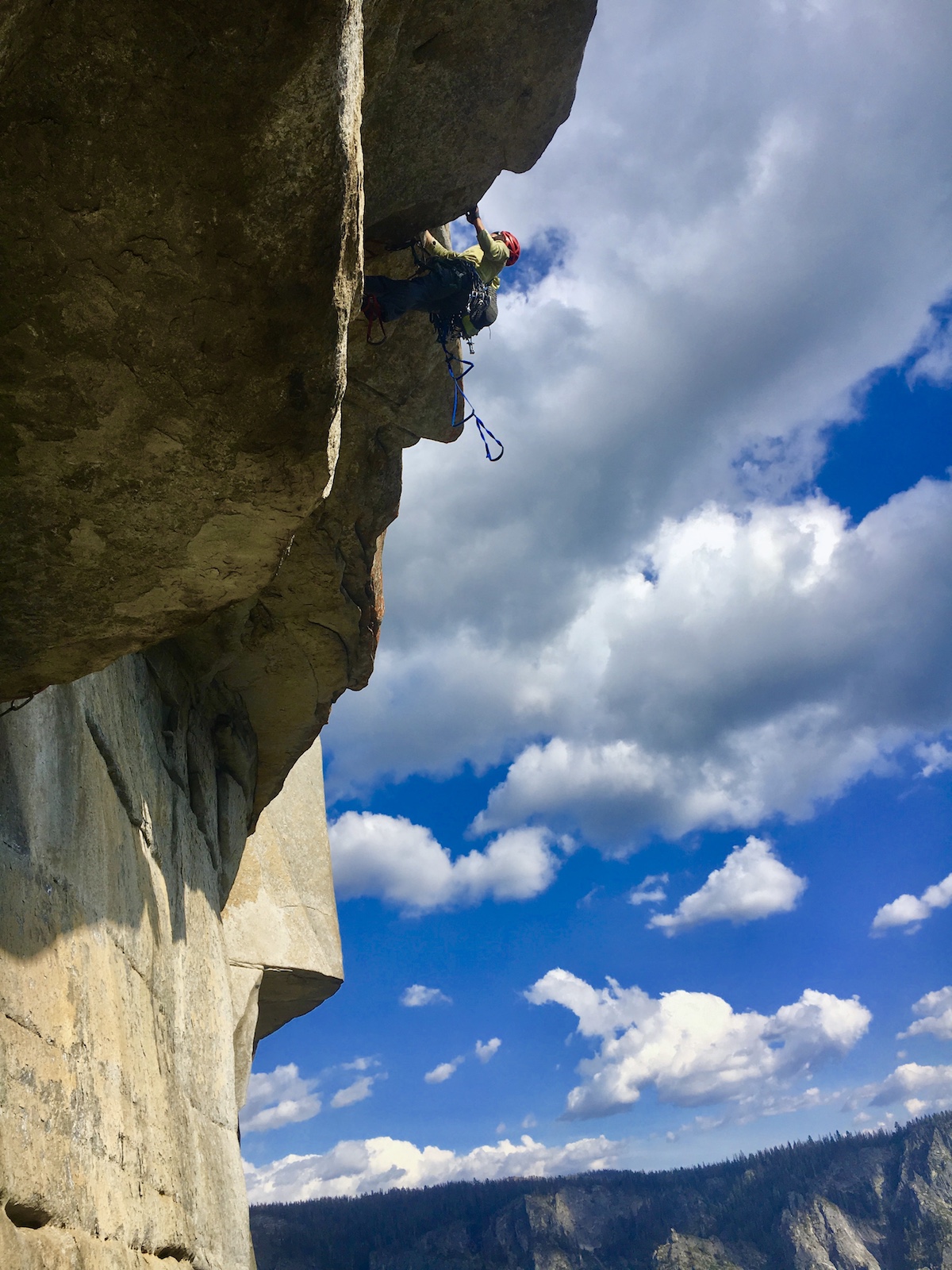Diana Wendt leads through the roof on the Salathe headwall during her record-setting ascent with Josie McKee on June 1. [Photo] Josie McKee