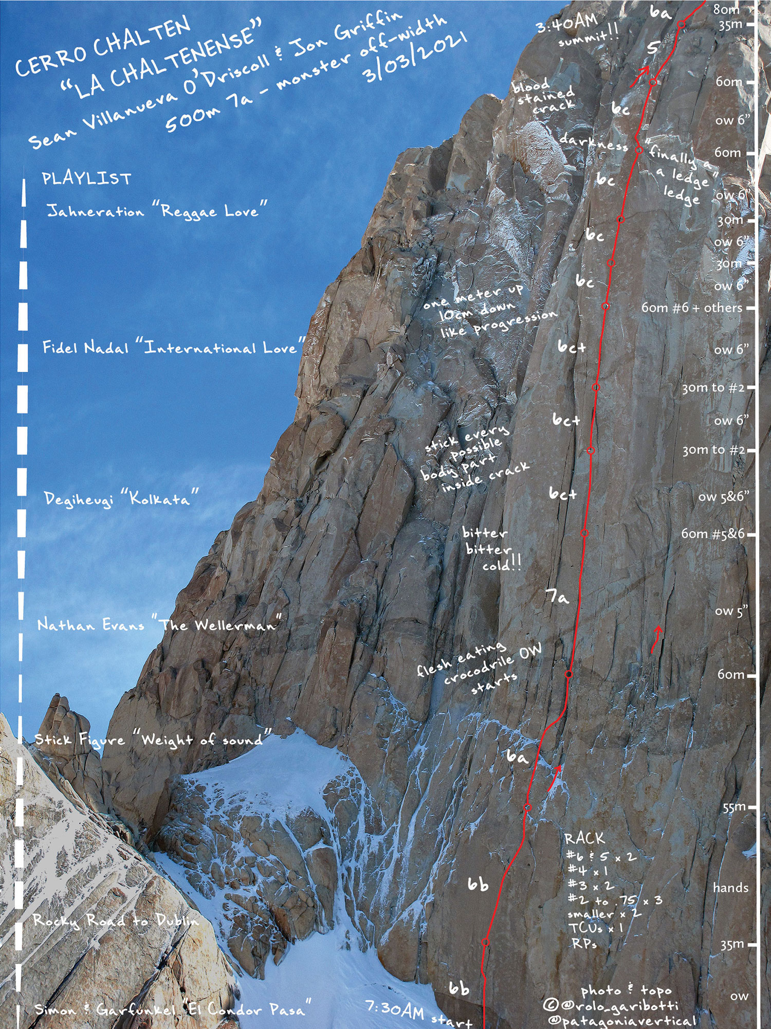 This copyrighted topo shows the route of La Chaltenense (5.11+, 500m) on Fitz Roy. The playlist of songs on the left corresponds to the pitches where they were played. Patagonia guidebook author (and creator of this image) Rolando Garibotti said he came up with the idea after learning that first ascensionist Jon Griffin had carried speakers and played music on almost every pitch. [Image] © Rolando Garibotti @rolo_garibotti @patagoniavertical