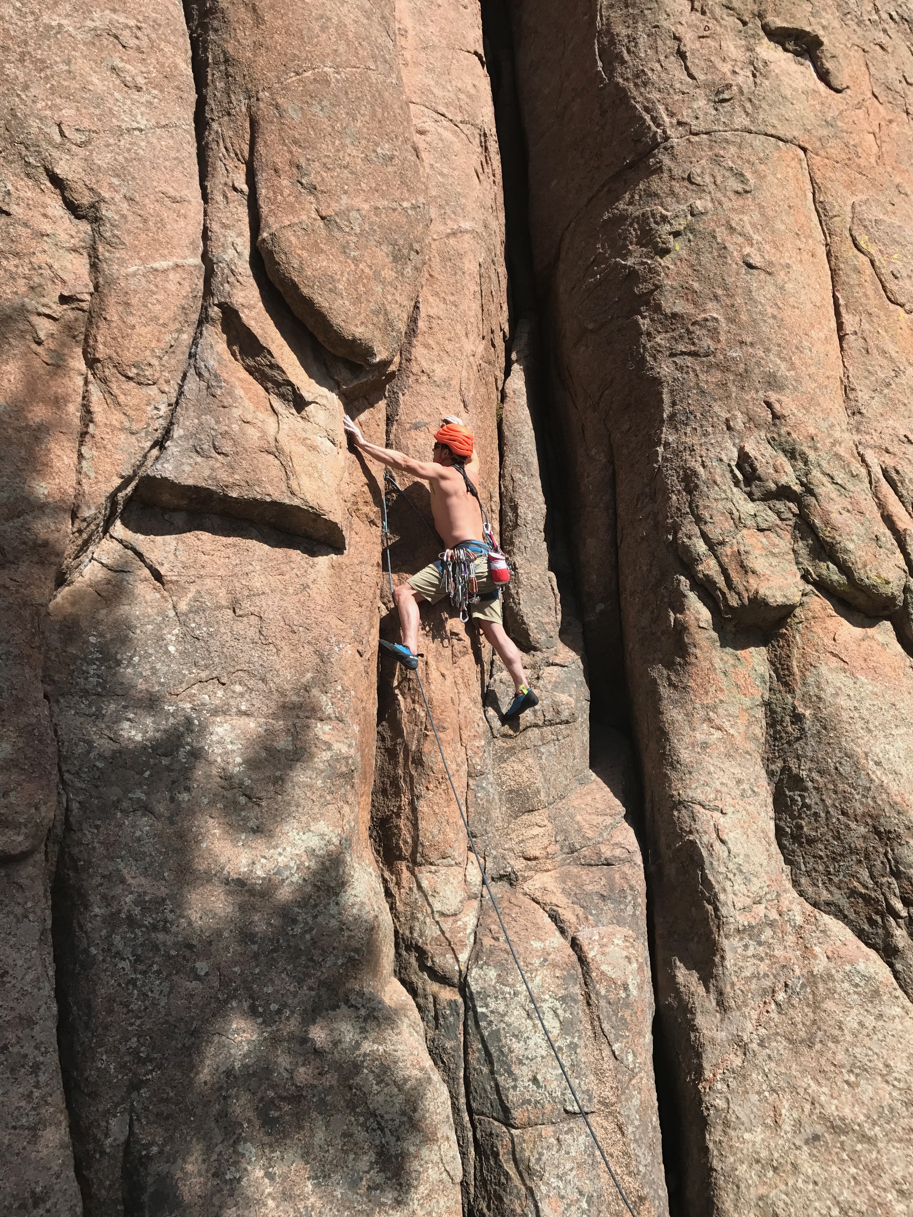 The author leading Vanishing Point (5.10d), Turkey Rocks, South Platte. [Photo] Holly Blanchard