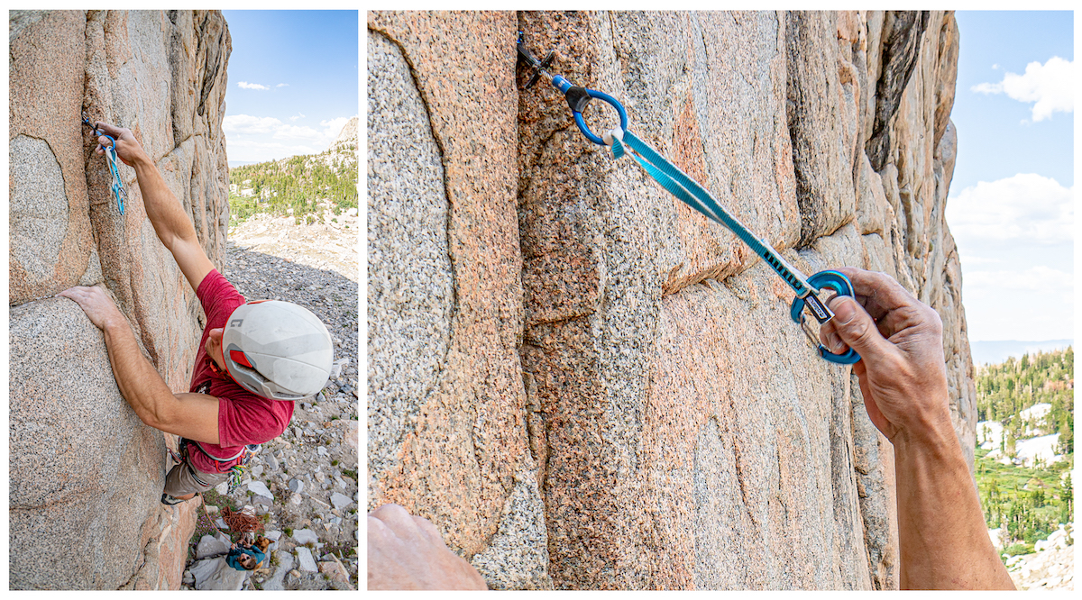 Luke Potter showcases the extendibility of the Double Sling design. Crystal Lake Wall. [Photo] Tad McCrea
