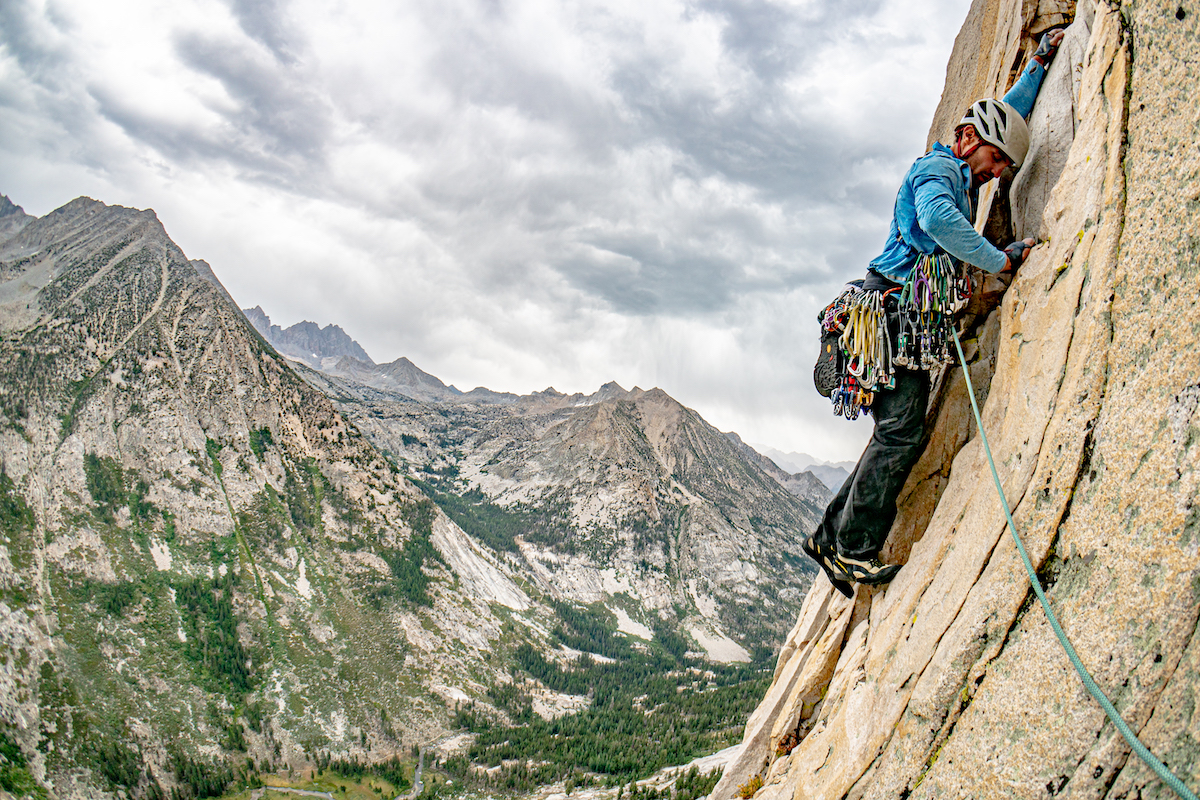 The color scheme may be different than some of your other cams, but you'll get used to it...Jonny Schaffer high above Leconte Canyon climbing Smack My Bishop on the east face of Mt. Langille, California. [Photo] Tad McCrea