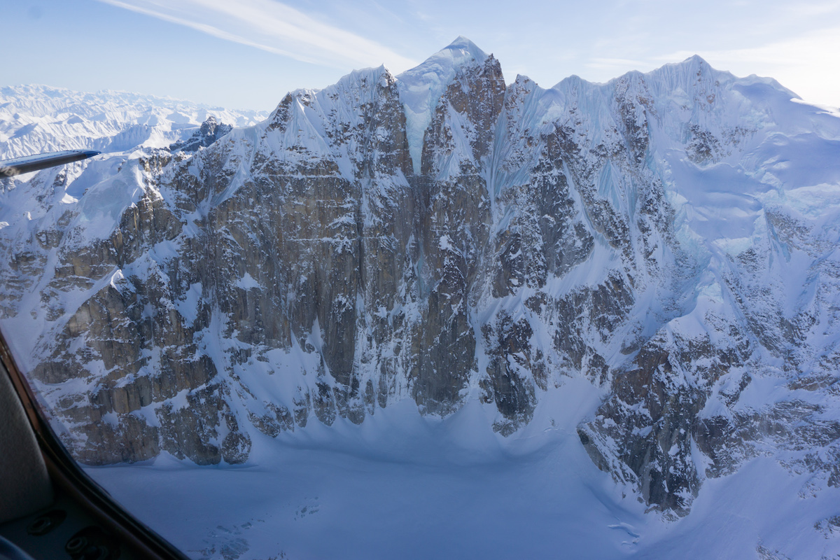 Jezebel's north face. Livingstone and Hawthorn attempted to climb the steep slot left of center. [Photo] Tom Livingstone
