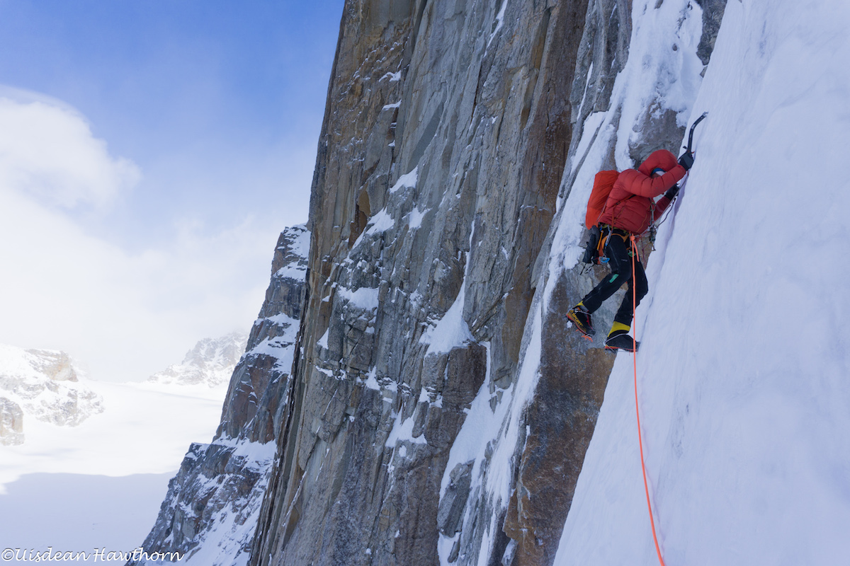 Livingstone on steep neve on Jezebel's north face. [Photo] Uisdean Hawthorn