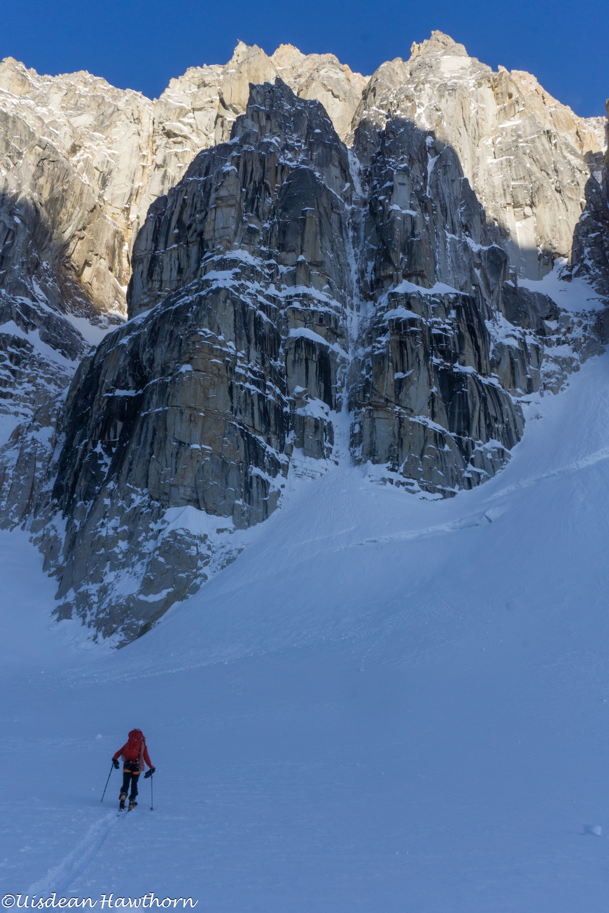 Livingstone approached the east face of Jezebel. Their route Fun or Fear climbs the steep couloir at center. [Photo] Uisdean Hawthorn