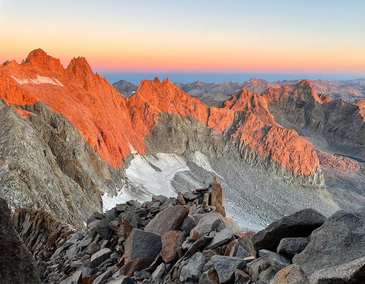 Sunrise from Musiyenko's bivy at the start of the fifth day, looking at the traverse du jour--Mt. Sill to Thunderbolt, the classic Palisade Traverse. [Photo] Vitaliy Musiyenko
