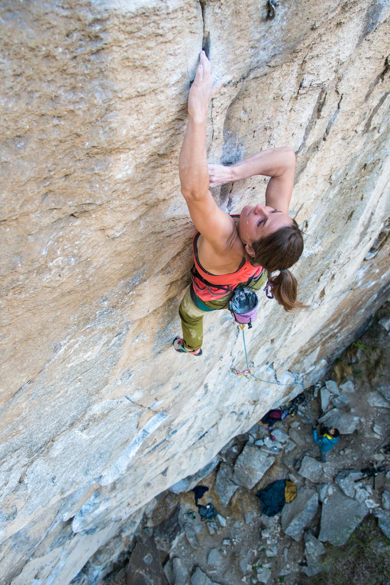 Zangerl sets up for the crux moves. [Photo] Richard Felderer