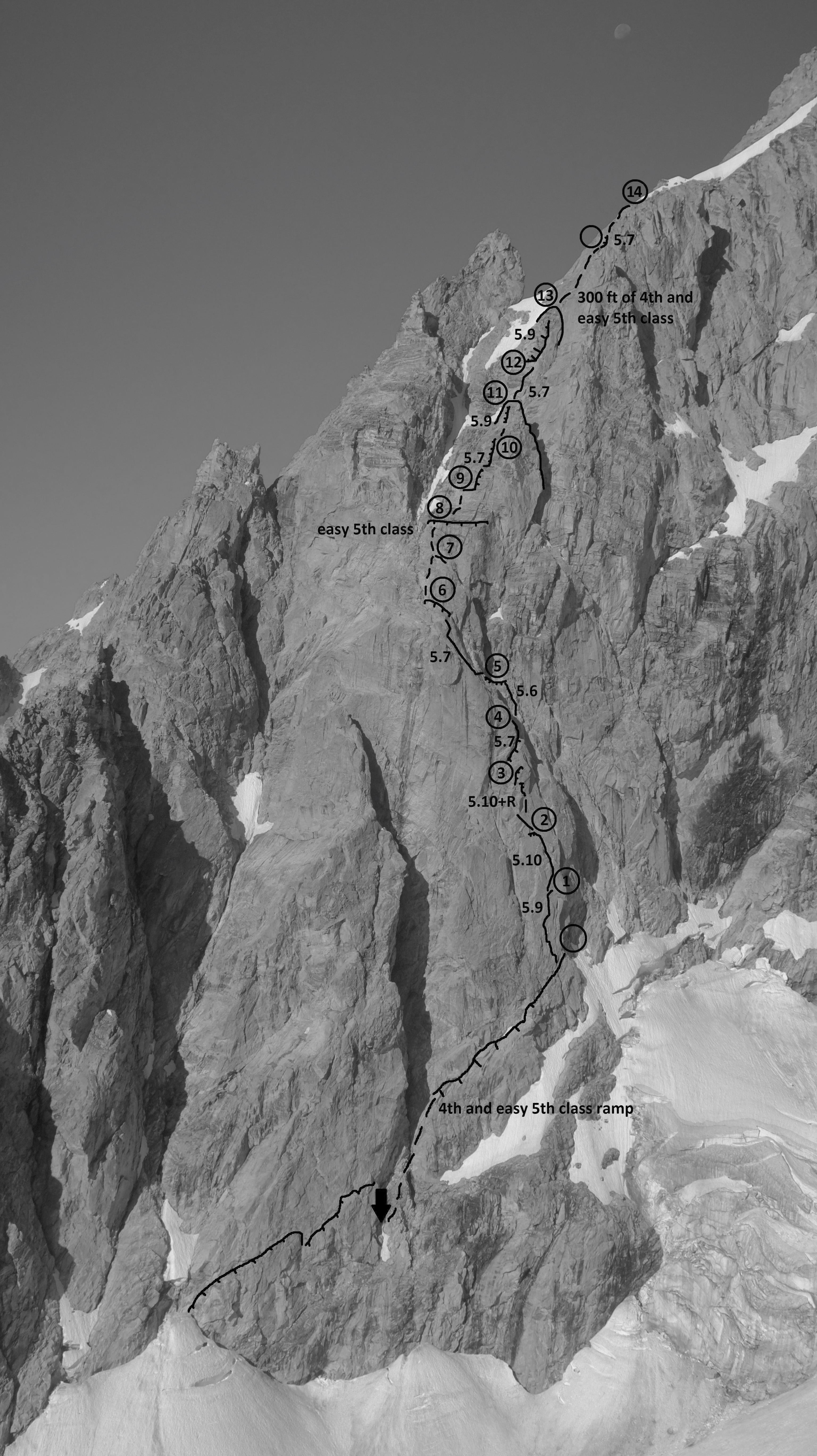 A topo of the North Buttress Direct (5.10+ R, 14 pitches). [Image] Justin Bowen