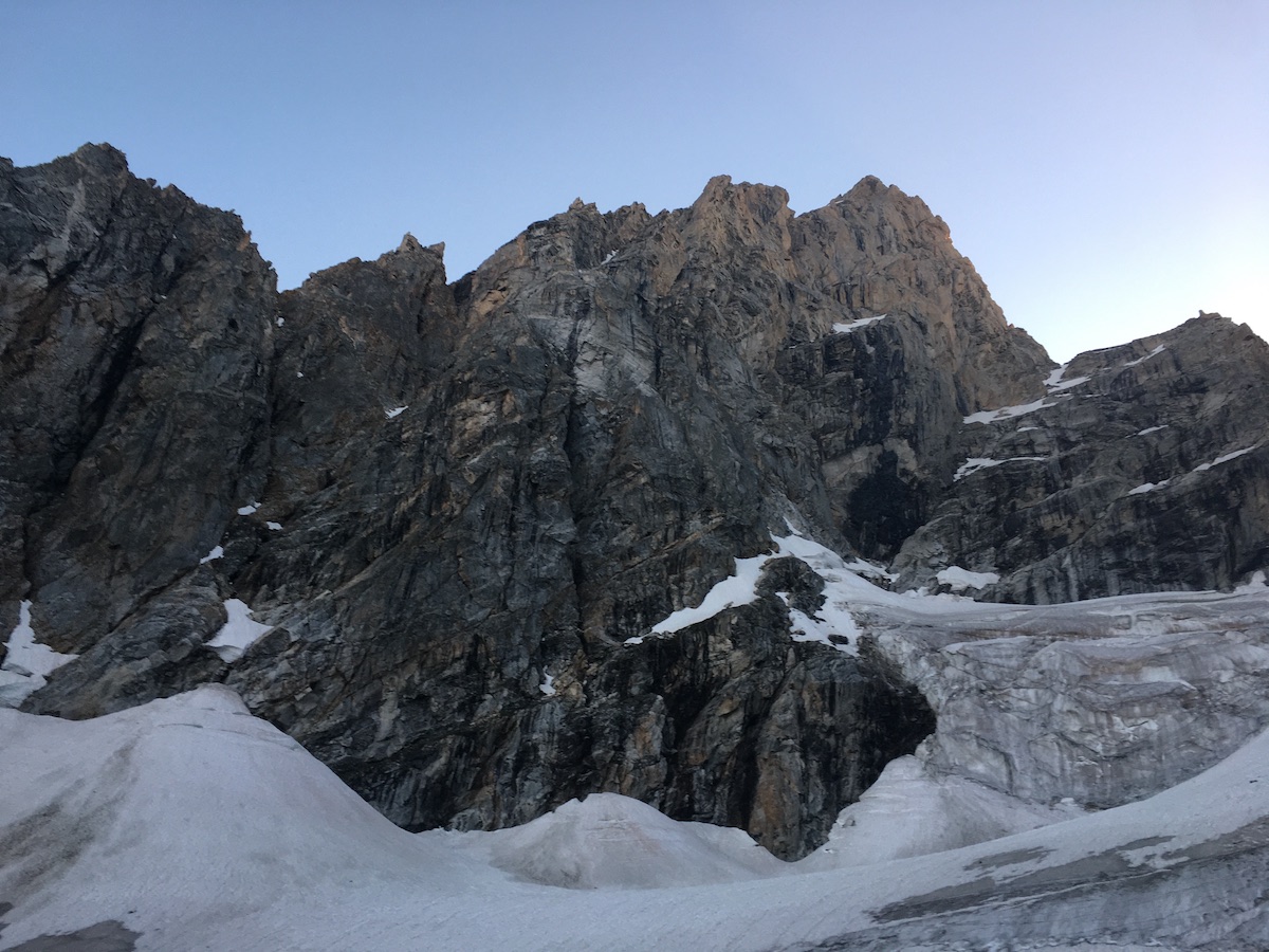Looking up at the north face of the Grand from the team's bivy site on Teton Glacier. [Photo] Justin Bowen