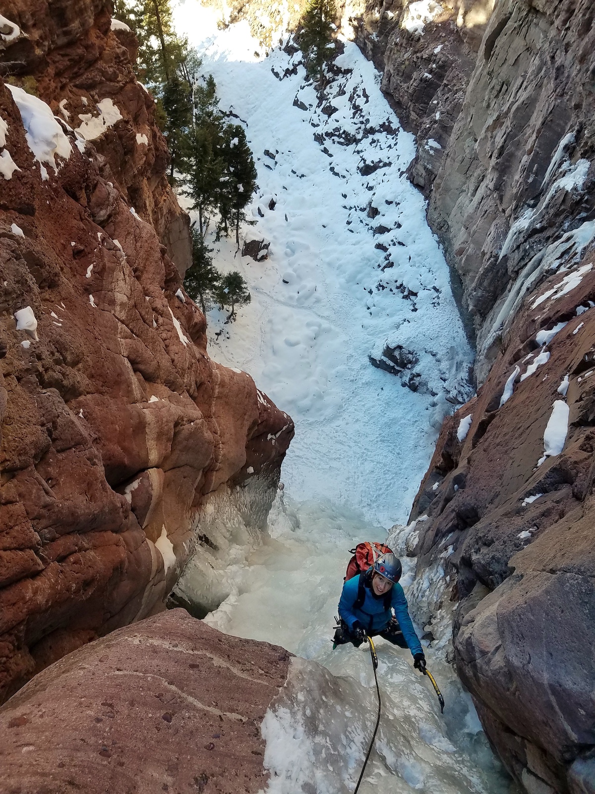 Buhay on the first pitch of Charmin Tubes (WI 3), Ouray, Colorado. [Photo] Wes Fowler