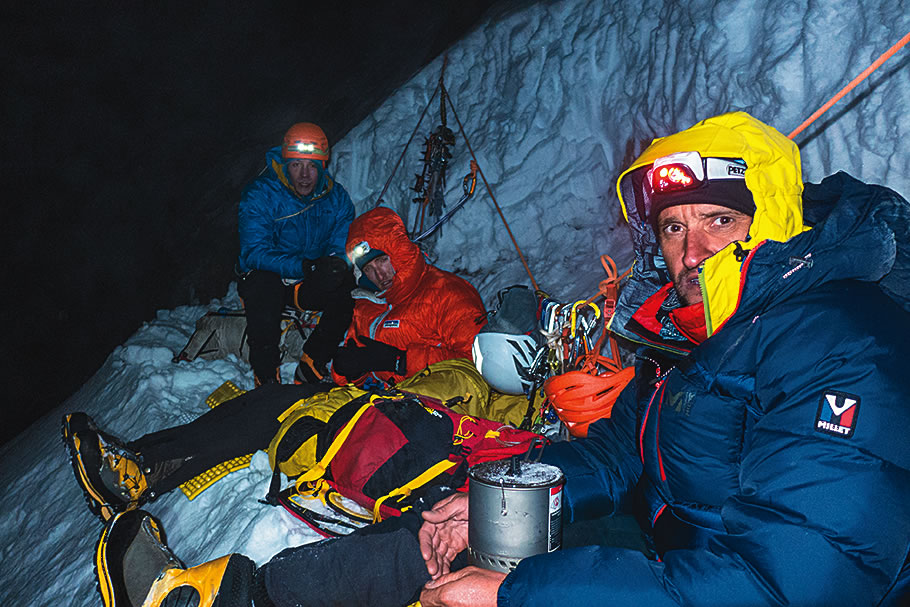 Novak, Kennedy and Pellissier at the second bivy. [Photo] Marko Prezelj